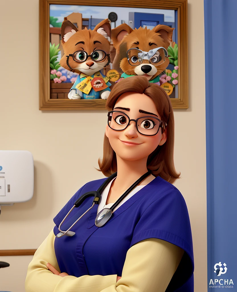 Uma mulher branca, wearing glasses, Veterinarian, contra o pano de fundo de um quadro com apenas animais, alta qualidade
