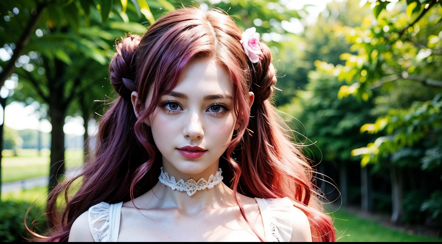 cosmieyes, British, euphemia, euphemia li britannia, doughnut hair bun, hair bun, hair flower, hair ornament, long hair, pink hair, (purple eyes), (large breast), cleavage, bow, dress, frills, lace, ribbon, looking at viewer, outdoors, park, upper body, detailed face, detailed eyes, beauty, extremely beautiful face