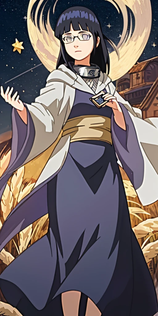 Masterpiece, best quality, (very detailed CG unified 8k wallpaper) (best quality), (best illustration), (best shade) nature harvest wheat , super detailed , a woman standing in front, hinata from naruto series, wearing black robe,  long black hairglasses, planetarium decoration, Victorian style, mature female, fine eyes and detailed face, hermitage\tarot cards\, stars, ocean, moon, symbolism, visual arts, --v6