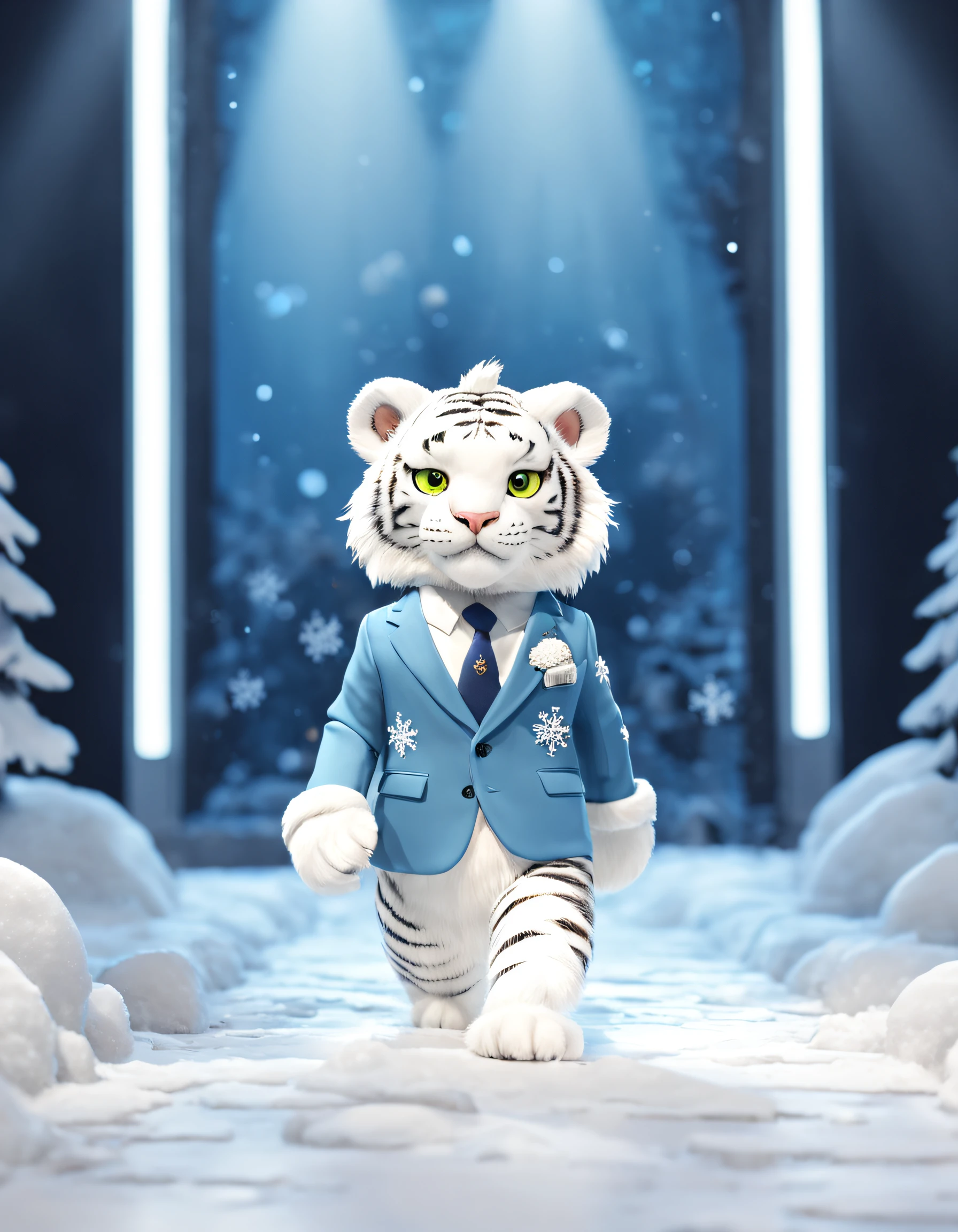 character design,(A little white tiger walks the catwalk at fashion week), Wear a suit suit,tics, Very stylish,
Background with: indoor,The show venue was covered in thick snow, snowflower,
{{tmasterpiece}}, {{{Best quality}}}, {{ultra - detailed}}, photography of,pixar-style,cartoonish style,comic strip,tmasterpiece,lamplight,illusory engine,Rendered by Octane,Corona introduction,V-rays,tiltshift,,shot from far away,a 3D render,