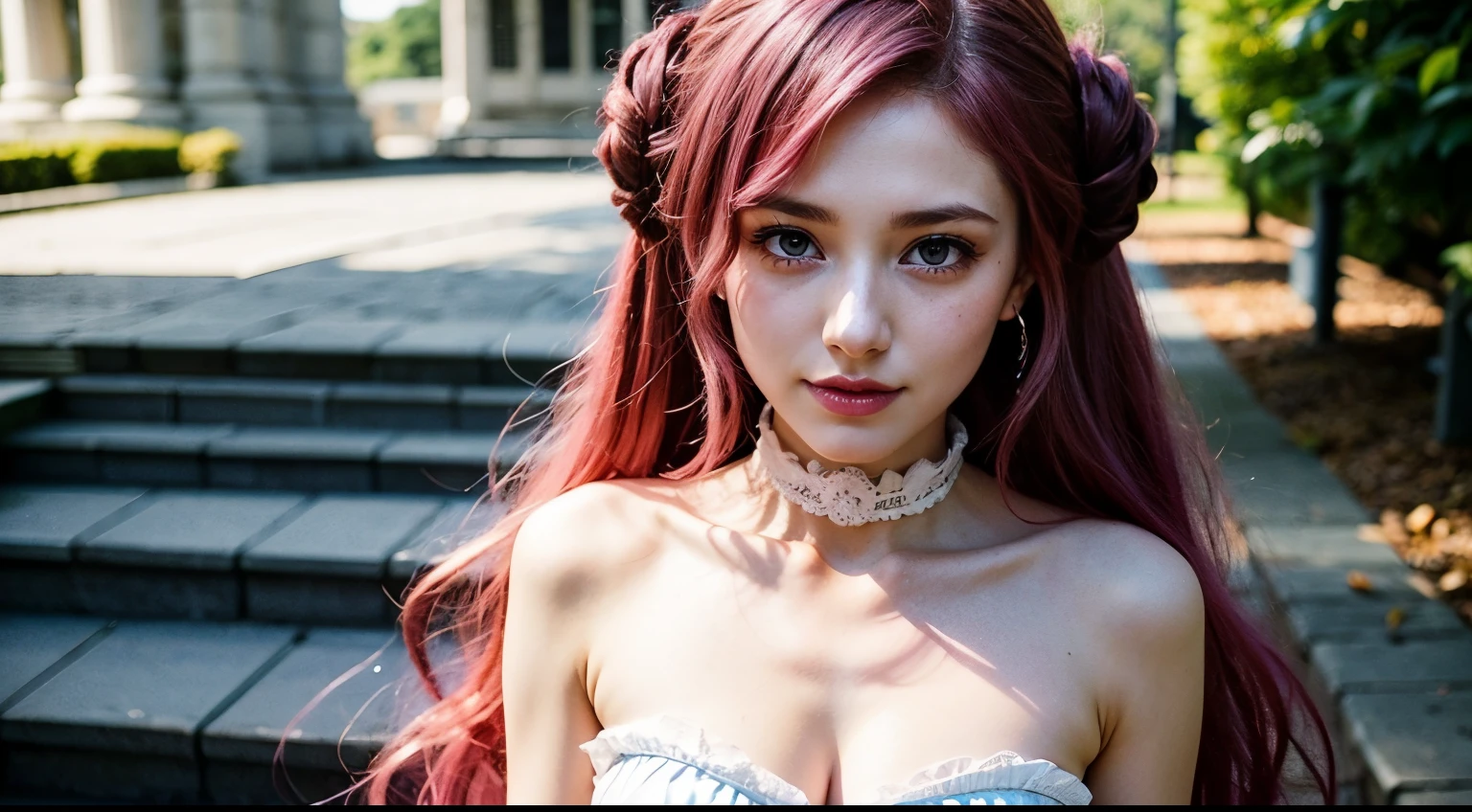 CosmiEyes, British, euphemia, euphemia li britannia, doughnut hair bun, hair bun, hair flower, hair ornament, long hair, pink hair, (purple eyes:1.1), (medium breast:1.2), bow, dress, frills, lace, ribbon, looking at viewer, outdoors, park, upper body, detailed face, detailed eyes, beauty, extremely beautiful face