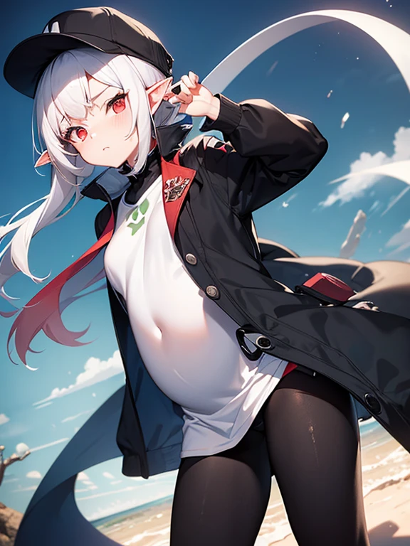 woman in white casual clothes and wearing a jacket worn on her back and a unique hat, bright red eyes, ears that point upwards like an elf, body position standing upright, and a sullen and flushed facial expression. Pregnant with a very large stomach