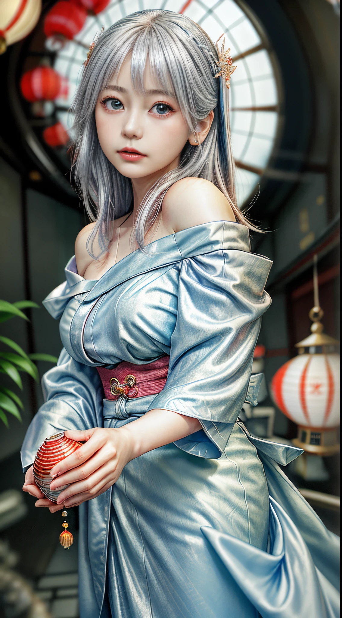 ​masterpiece、top-quality、Top image quality、超A high resolution、(Ultra-realistic:1.4)、Raw photo、Detailed CG image quality、(You Guo:1.4)、Beautiful fece、1girl in、japanes、22year old、(blue eyess:1.2)、pink lipsticks、 look、(Silvery head hair:1.4)、Beautiful silky skin、(Hair Ornament:1.4)、(japanese kimono:1.4), (off shoulders:1.4)、 of the 、detailed portrait、8K picture quality、Cinematic and dramatic atmosphere、(Shrine of Japan:1.2)、(Japan red and white lanterns:1.2)、Wind chimes、(Festival flag,)、Paper decoration、(3 + Women: 1.4)、foco nítido、Volumetric lighting、Cinematographic lighting、Colorful neon lighting、depth of fields、Ambient lighting、Blurred foreground、blurry backround:1.3、(8mm fisheye lens:1.4)、(Angle from directly below:1.4)、(The whole body is visible:1.4)、