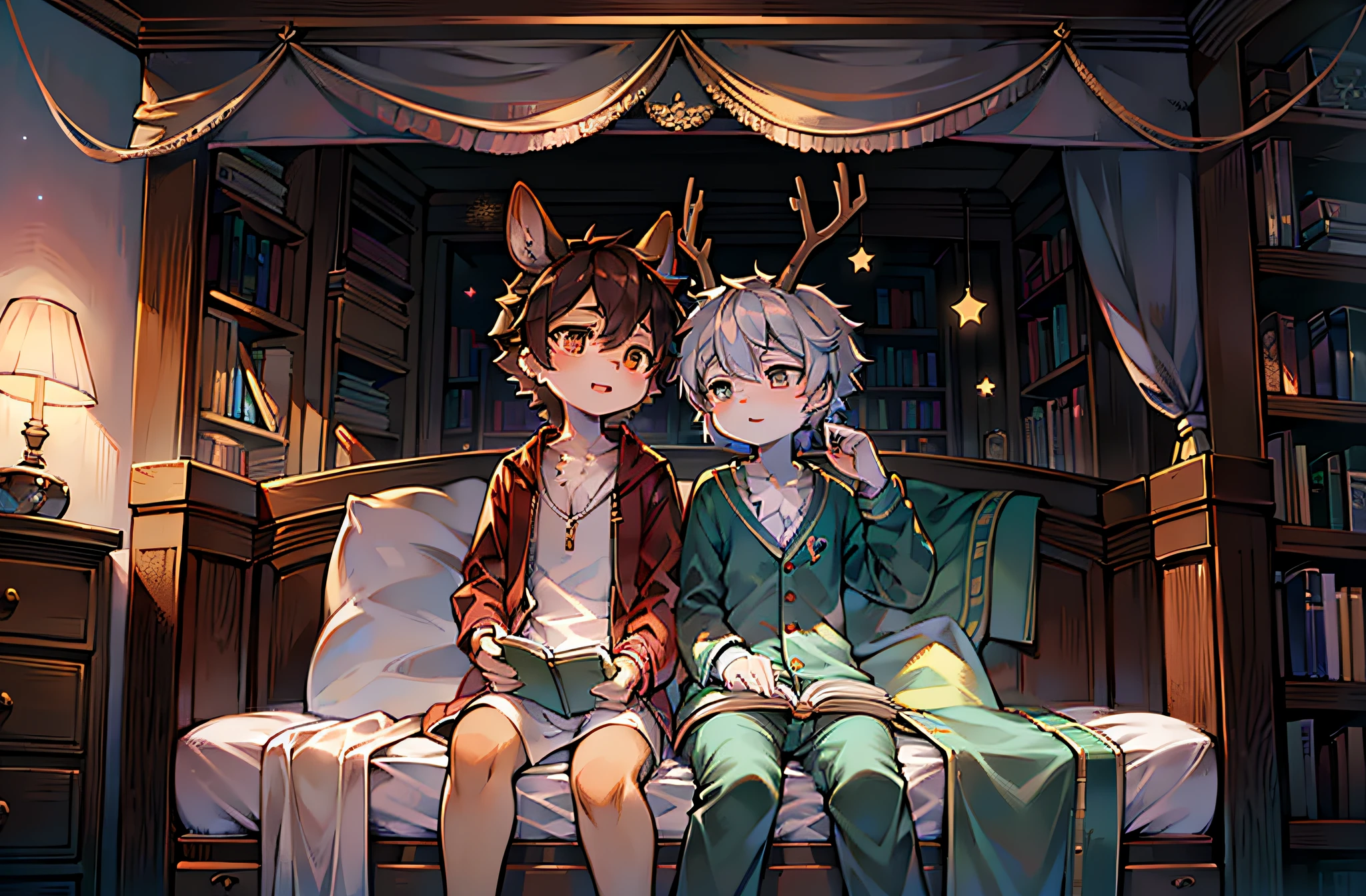 lovely boy,shota,Sit at the head of the bed,Read together,Cover with a quilt,book in hand,on bedroom,Turn on the lights,book case,There were two people lying on the bed,deer antlers,natta,starrysky,shine in God's eyes,Look at each other