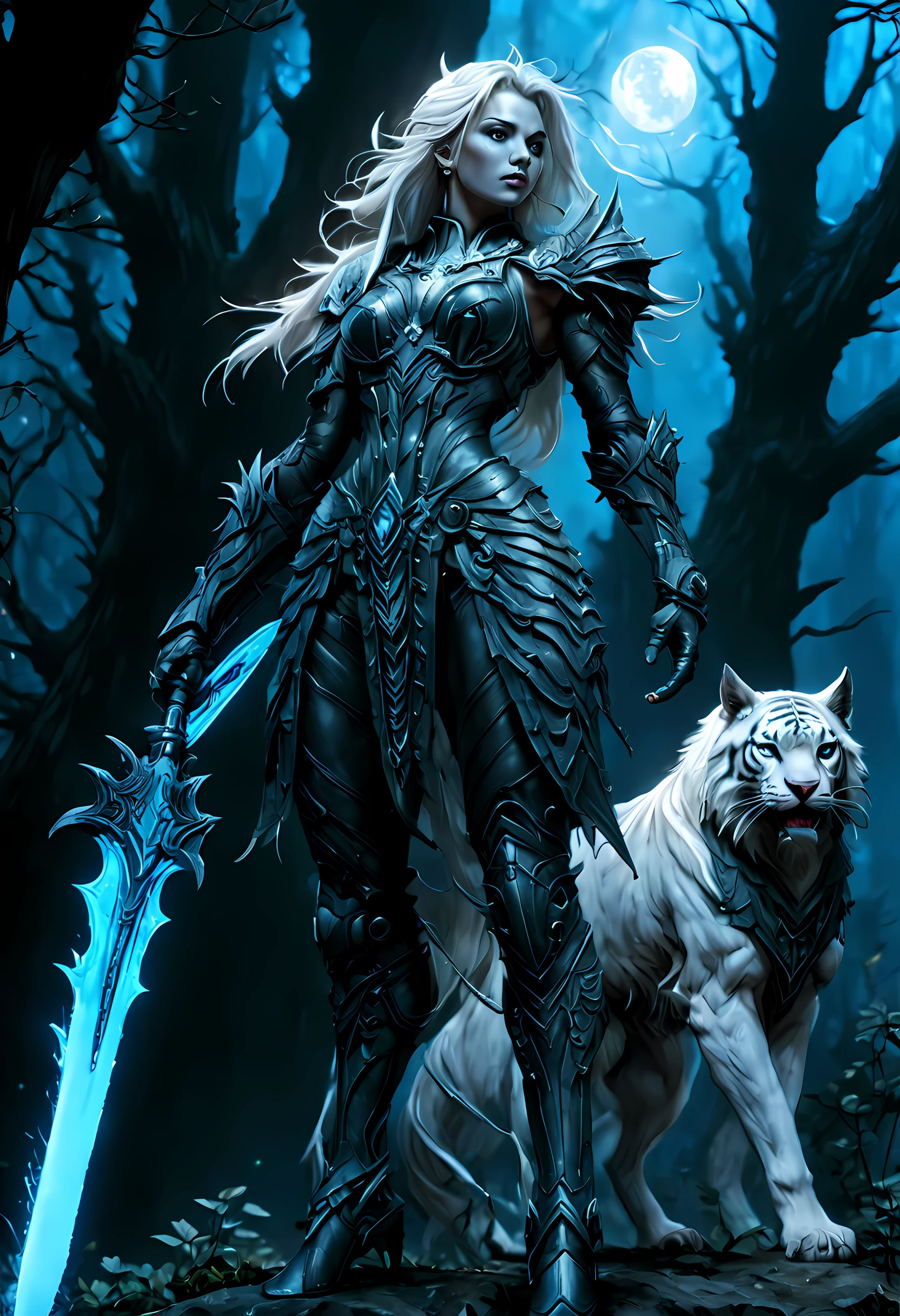 high details, best quality, 8k, [ultra detailed], masterpiece, best quality, (extremely detailed), dynamic angle, ultra wide shot, RAW, photorealistic, fantasy art, dnd art, rpg art, realistic art, a wide angle picture of an epic female drow ranger and her pet white wolf,  warrior of nature, fighter of nature, full body, [[anatomically correct]] full body (intricate details, Masterpiece, best quality: 1.5) talking to am epic white tiger (intricate details, Masterpiece, best quality: 1.6) armed with an epic magical sword  (intricate details, Masterpiece, best quality: 1.5) epic magical sword, glowing in blue light GLOWING SWORD,  in dark forest ( intricate details, Masterpiece, best quality: 1.4), a female beautiful epic drow wearing leather armor (intricate details, Masterpiece, best quality: 1.5), leather boots, thick hair, long hair, white hair, black skin intense eyes, forest  background (intense details), moon light, stars light, clouds (intricate details, Masterpiece, best quality: 1.5), dynamic angle, (intricate details, Masterpiece, best quality: 1.3), high details, best quality, highres, ultra wide angle drkfntasy