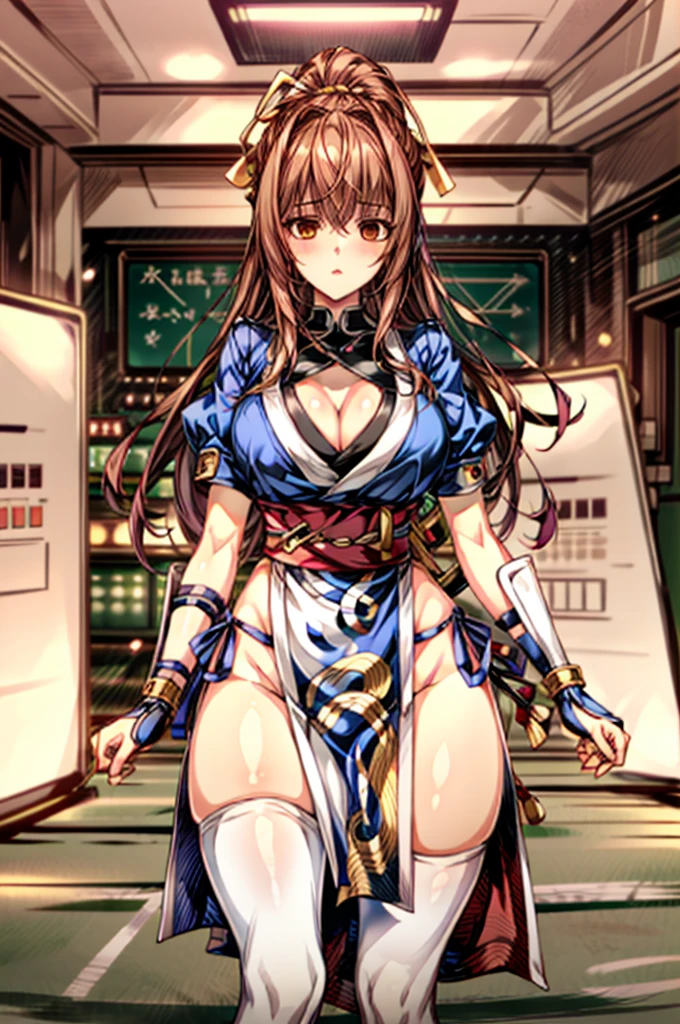 (masterpiece, best quality:1.3)
KasumiDOA, 1girl, solo, long hair, breasts, looking at viewer, bangs, large breasts, brown hair, thighhighs, dress, ribbon, cleavage, brown eyes, medium breasts, underwear, standing, panties, hair ribbon, braid, short sleeves, cowboy shot, japanese clothes, puffy sleeves, white thighhighs, puffy short sleeves, lips, sash, pelvic curtain, yellow ribbon, realistic, nose, arm guards, kote,hypnoLora,
empty eyes,Upright Pose,(Inside a futuristic and complex operational command center:1.6)