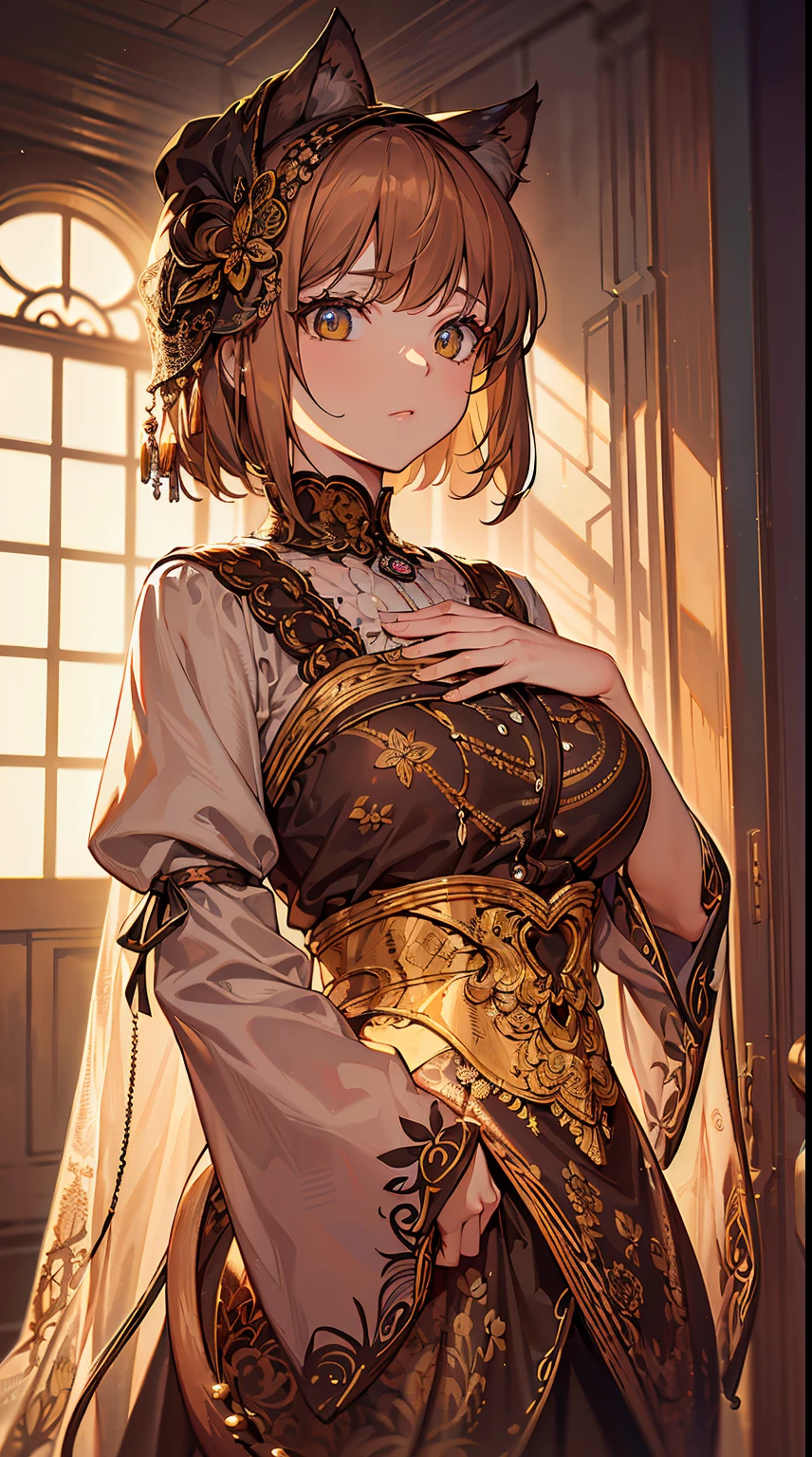 Cute girl, short wavy brown hair, earrings, brown eyes, loose white clothes, a wide gold piece on the waist that looks like a belt with a beautiful decoration on it, big breasts.