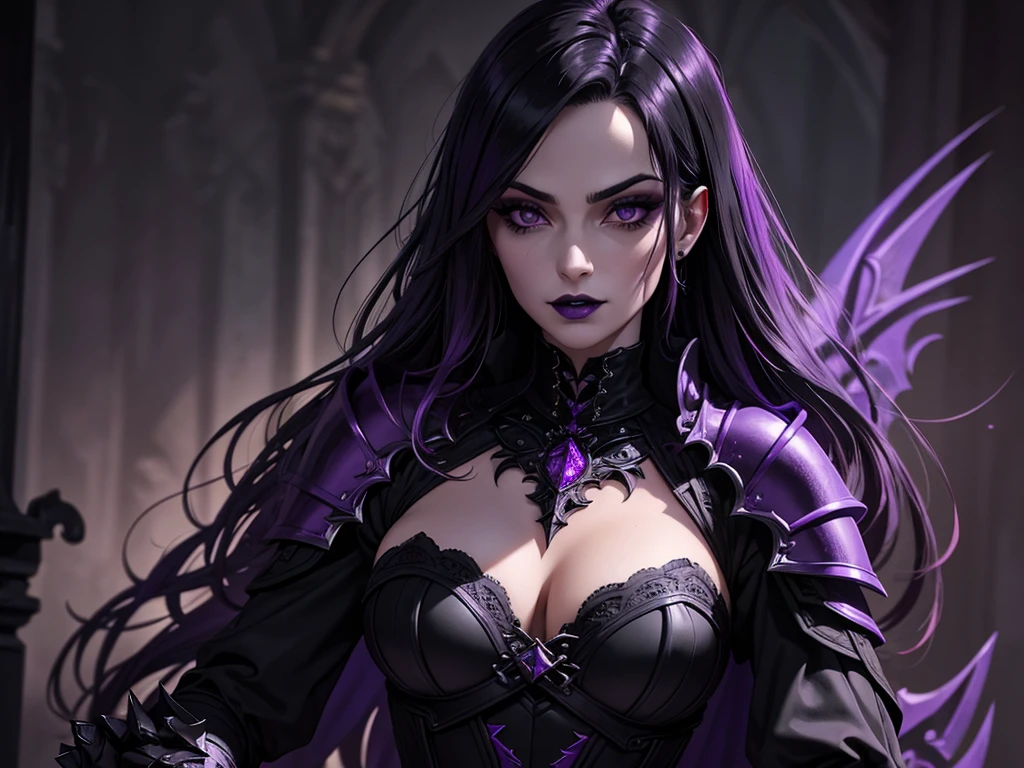 An adult vampire wizard character wearing a very detailed and beautiful gothic armor in black and purple color. Seu cabelo com corte em estilo curto, black lip color, cor roxa dos olhos;, manto, capuz, caminhando, 8k, Magnificent, Black and purple Gothic armor, capa