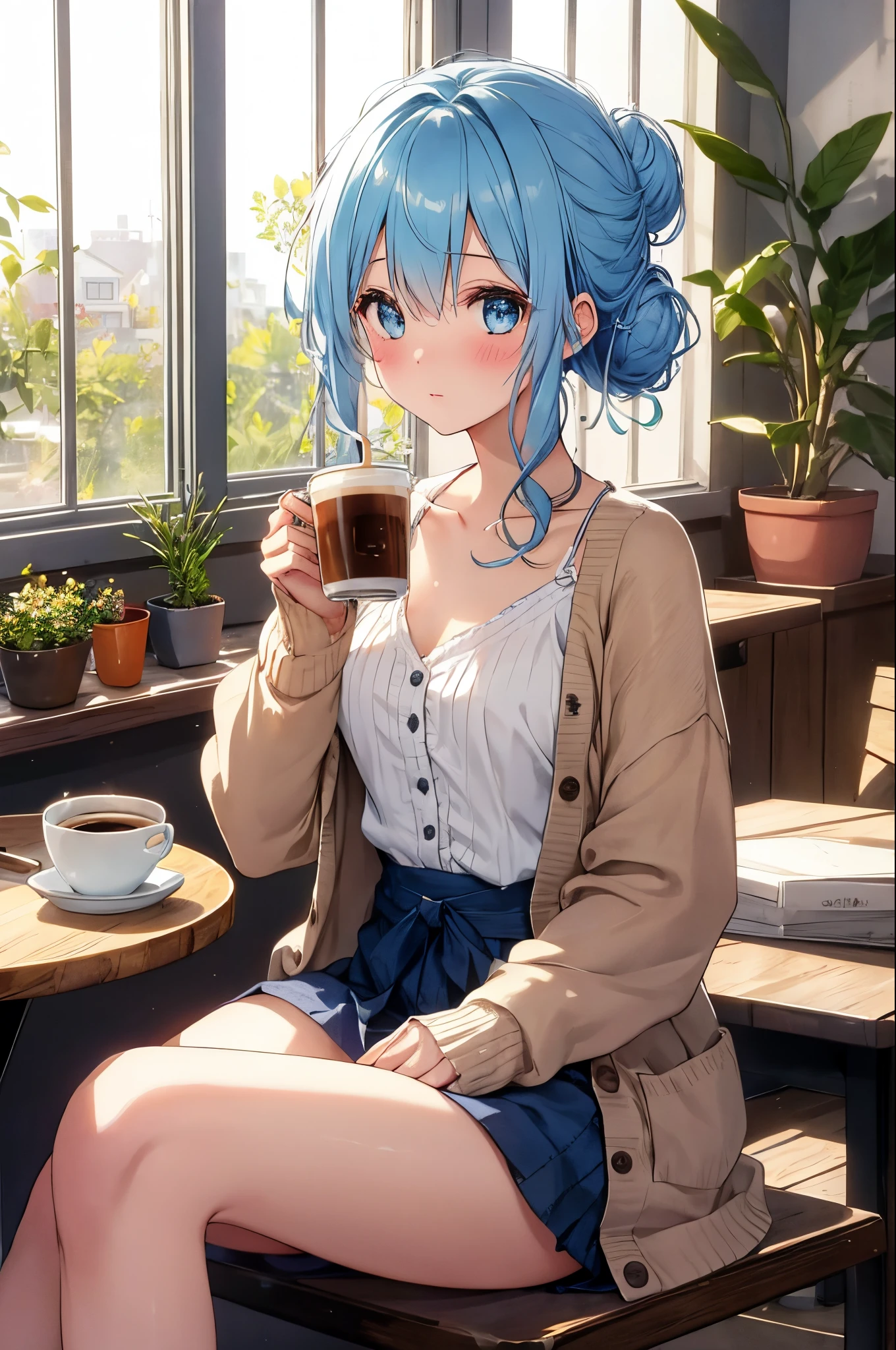 girl with, coffee, cafes, The table, messy bun, straw, sunlights, window, cozily, calm, Floral, aesthetic, pastels, slice of life, relaxation, morning, leisure, serene, Warm atmosphere, steams, placid, dream, aromatic, Latte art, Boken, potted plant, cherry trees, red blush, pondering, gentle, delicate, capricious, blue hairs, cardigan, Wave motif pattern