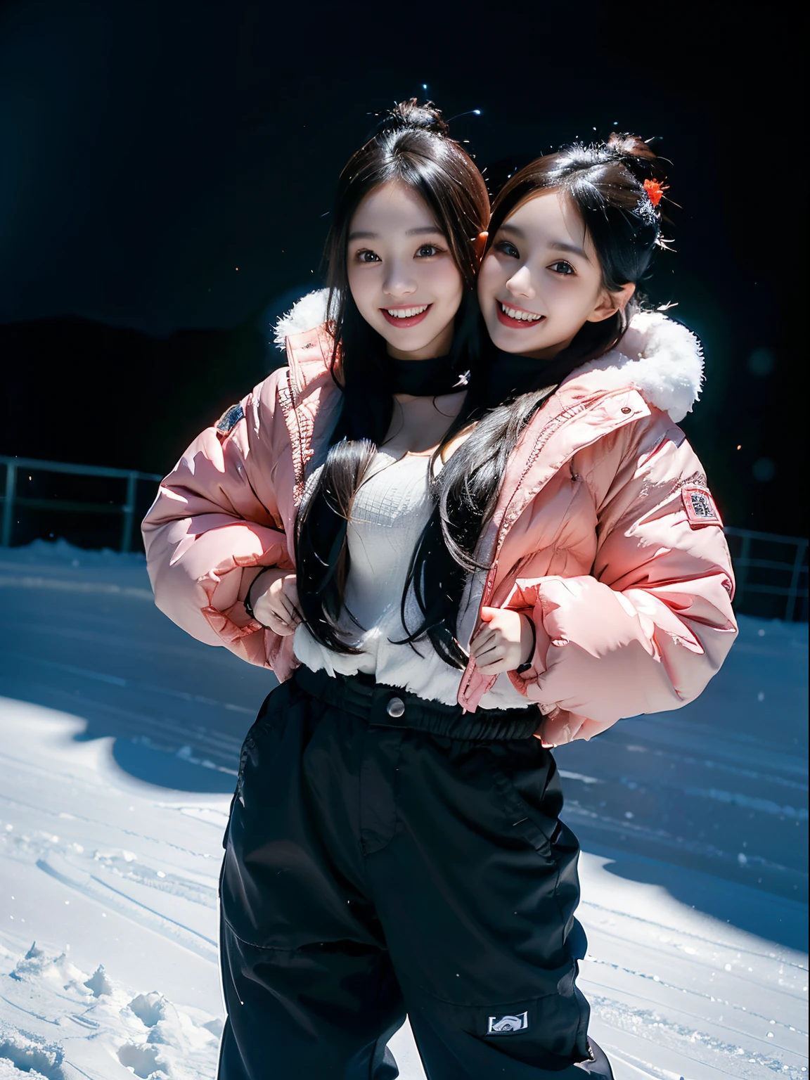 (masterpiece, best quality), best resolution, (2heads:1.5), 1girl, pink parka, black hair, brown eyes, smiling, happy, energetic, peace sign, black snow pants, snowy landscape, ski slope, winter, evening