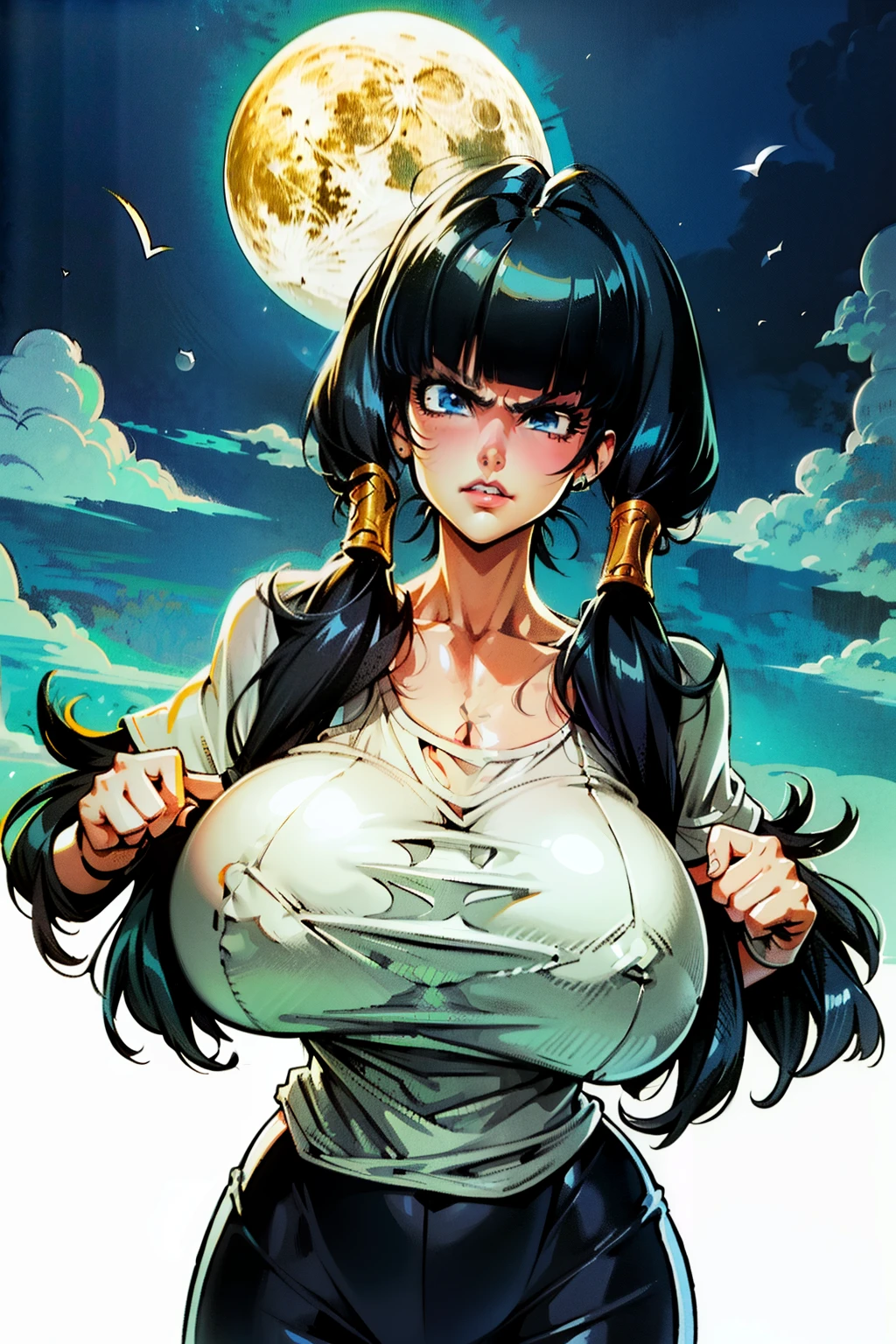 Waifu, masterpiece, curvy, breasts, moon, full moon, gloves, 1girl, clenched teeth, videl, cleavage, large breasts, teeth, ((straight black hair)), ((white short sleeve shirt:1.3)), blue eyes, rating:explicit,rule34, hardcore, tits,clenched hands, night, sky, ((side bangs:1.4)), (white skin:1.5), bare shoulders, blue hair, clenched hand, rating:questionable, ((low twintails:1.5)), ((black tight shorts)), solo, angry, lip biting(gigantic and massive tits:1.1), breasts, official illustration, illustration, detailed face, beautiful intricate eyes,1:2), titsnipples