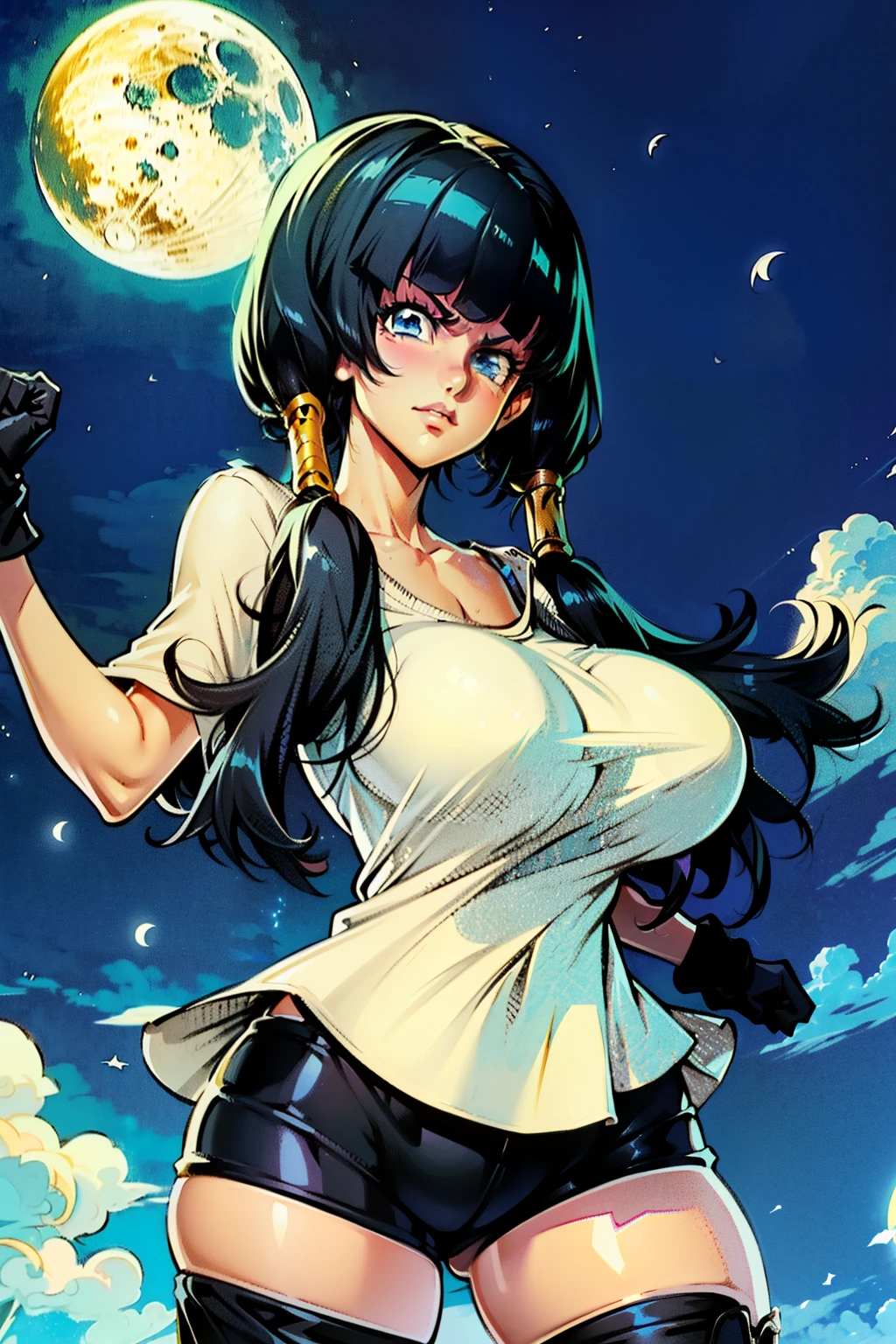 Waifu, masterpiece, curvy, breasts, moon, full moon, gloves, 1girl, clenched teeth, videl, cleavage, large breasts, teeth, ((straight black hair)), ((white short sleeve shirt:1.3)), blue eyes, rating:explicit,rule34, hardcore, tits,clenched hands, night, sky, ((side bangs:1.4)), (white skin:1.5), bare shoulders, blue hair, clenched hand, rating:questionable, ((low twintails:1.5)), ((black tight shorts)), solo, angry, lip biting(gigantic and massive tits:1.1), breasts, official illustration, illustration, detailed face, beautiful intricate eyes,1:2), titsnipples