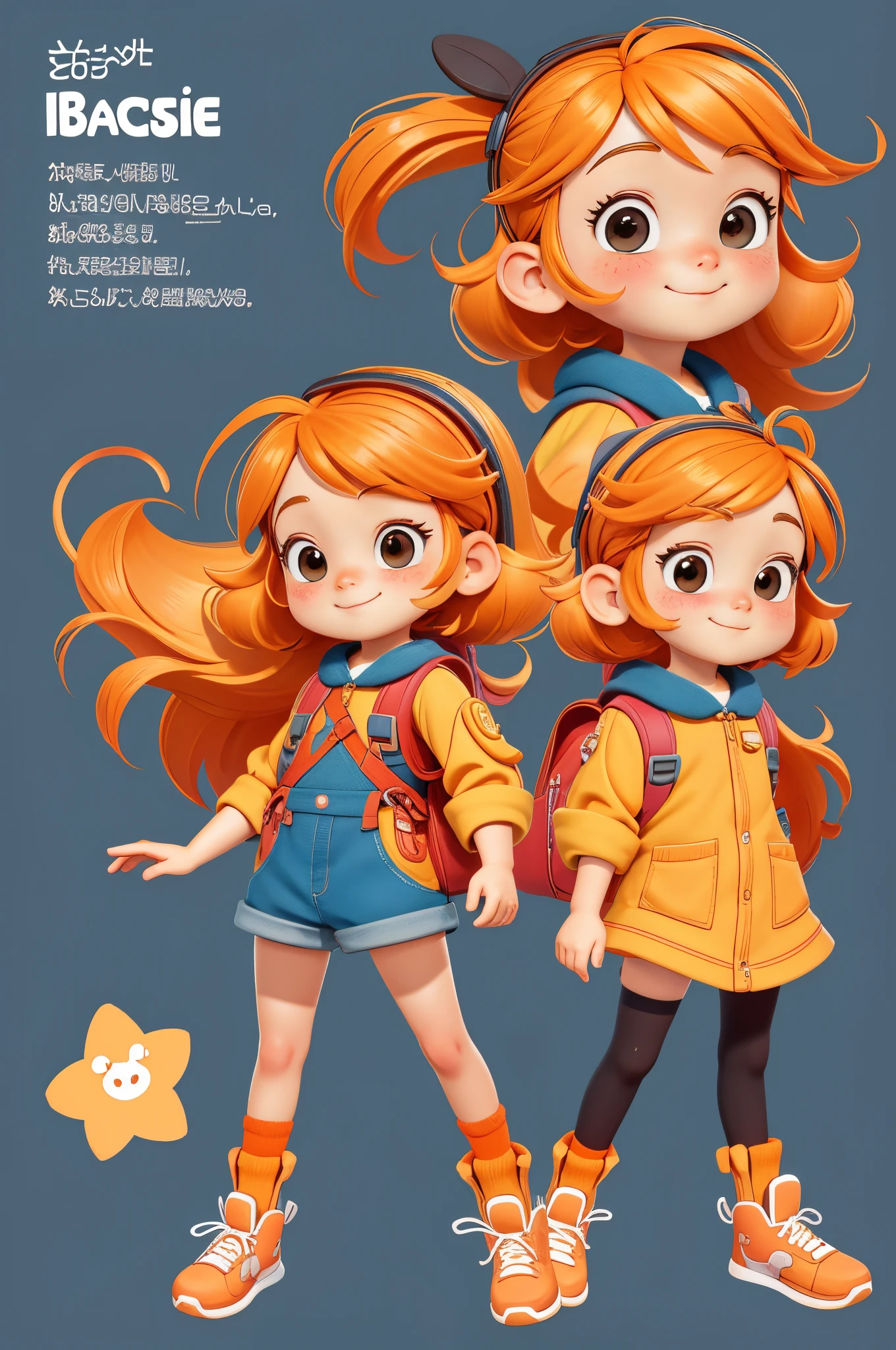orange color hair、Cartoon girl posing with backpack, Cute and detailed digital art, lovely digital painting, The children's art art station, cute cartoon character, adorable digital art, cute character, Highly detailed character design, lovely art style, rossdraws cartoon vibrant, Cute cartoon style, high quality character design, Cartoon Art Style, Louis van Baarle and the list