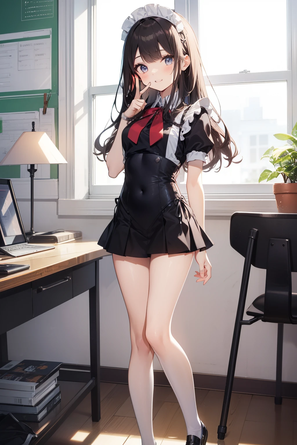 masterpiece, best quality, 1girl, solo, long hair, looking at viewer, skirt, black hair, school uniform, purple eyes, pantyhose, pleated skirt, horns, serafuku, cardigan, oni horns, open cardigan, black panty, floral lace undies, cameltoe, show panties, standing sexily, open legs, spread legs, miniskirt, lift skirt with both hands, lift skirt