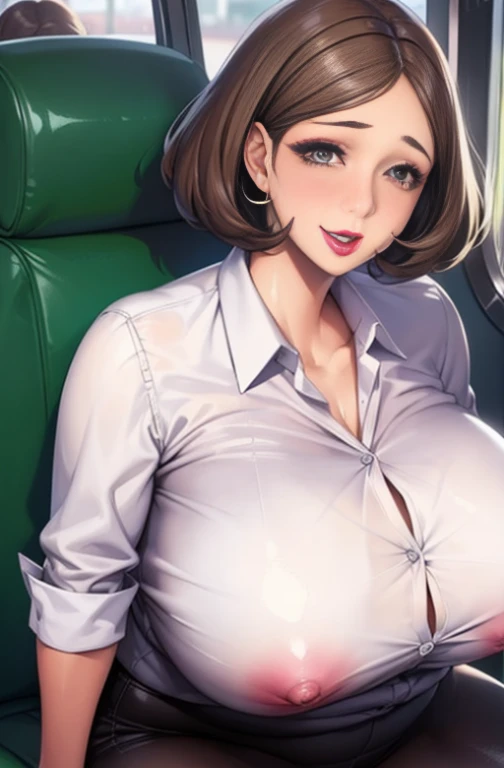Lucy Piddle, Face portrait, ((The makeup is very thick)), ((Bright lipstick)), Smiling, ((cosmetics)), ((heavy makeups)), Short hair details, Brown hair, sexy women, button- shirt , white shirt, black dress pants, ((Very fat woman)), Lop, sitting on a bus,Full body photo