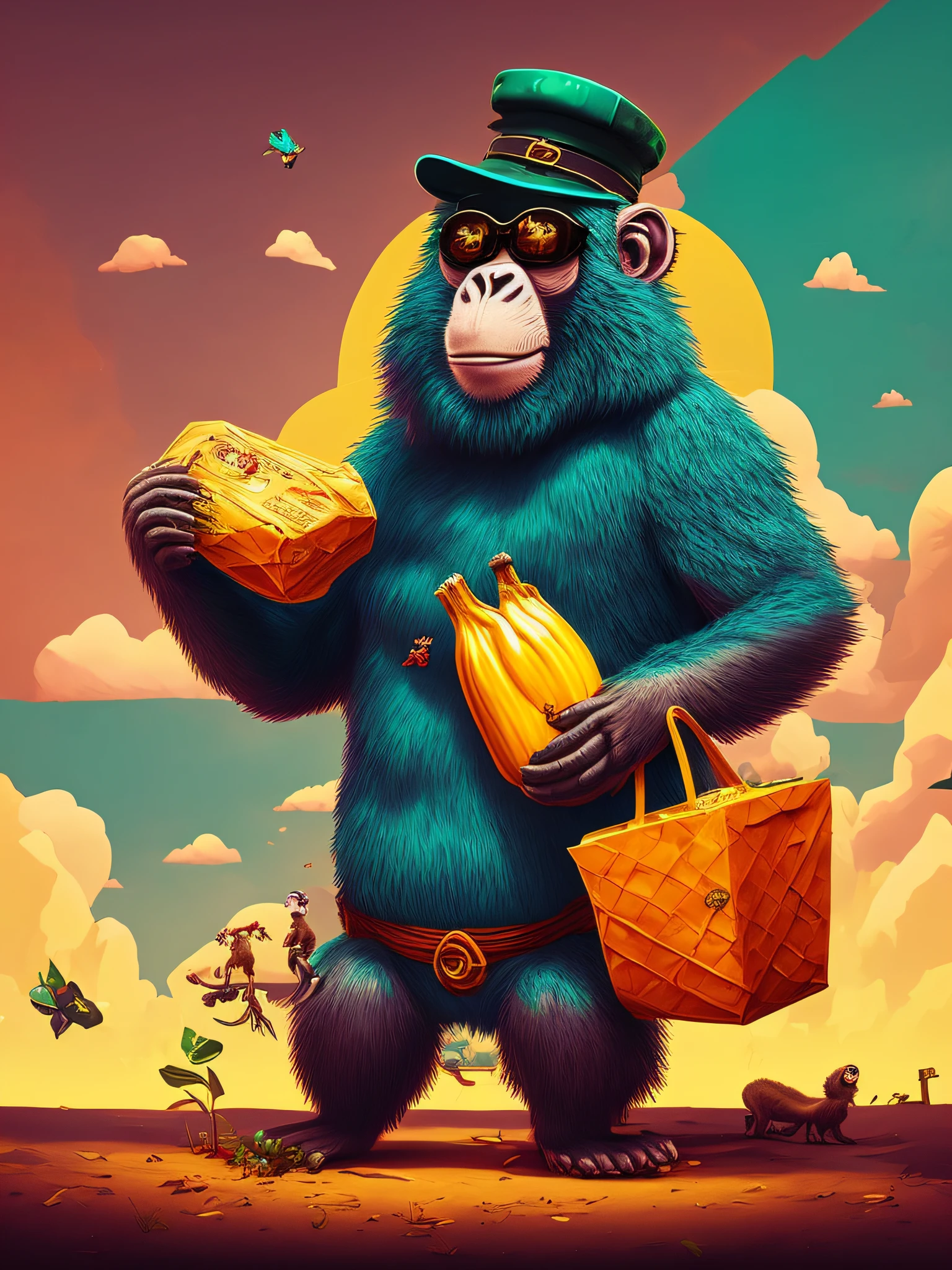 Masterpiece featuring a monkey with a hat and sunglasses, segurando um cacho de bananas. | Art style combines Mike Winkelmann-inspired hand-painted cartoons with a hip-hop vibe. Resembles official Mortal Kombat Ninja art for a unique atmosphere. | Monkey in the official HDR art scene, influenciado por Alex Petruk APe e 'macaco entediado NFT,' com uma atmosfera sombria e elementos Goblincore. | Wide-angle composition for cinematic storytelling, Maya rendering for realism. | Artistic, balanced 8-bit detail captures the essence of hip-hop in an immersive monkey representation.