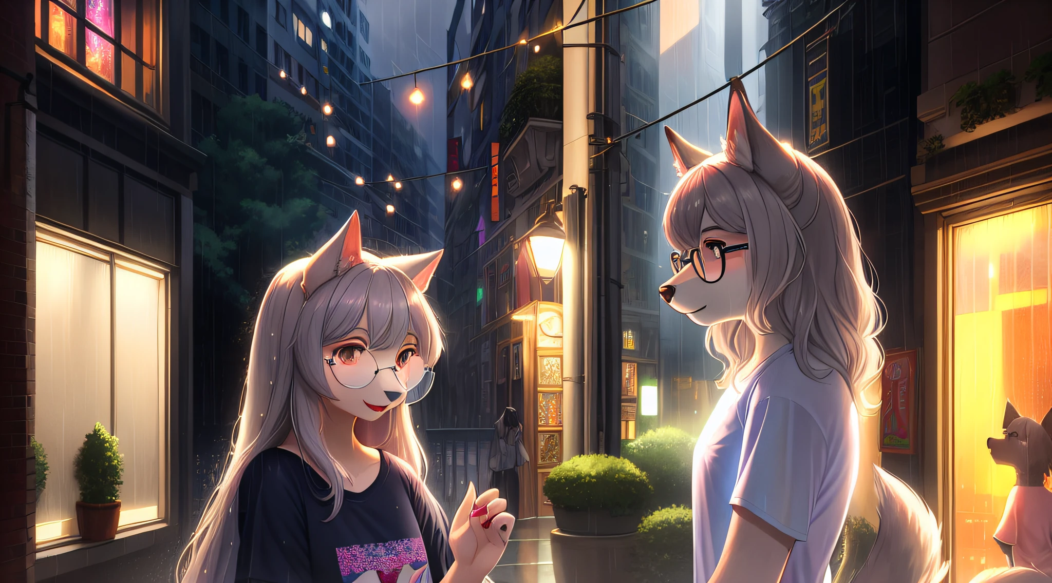 The light gray dog lady in the back garden has a pretty face, jewel-like glasses, supple hair, Hairy limbs, Sateen, the city street, Glowing T-shirt, Beautiful light and shadow.、ambient light、Ultra-fine fur、Volumetric light is very detailed