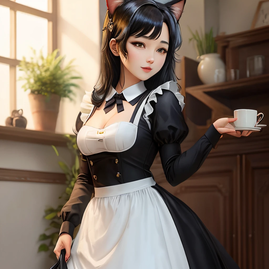 Cat ears black hair maid outfit