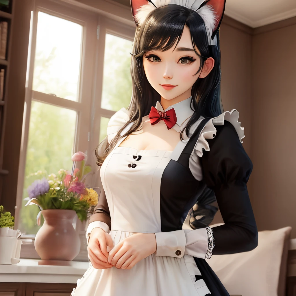 Cat ears black hair maid outfit