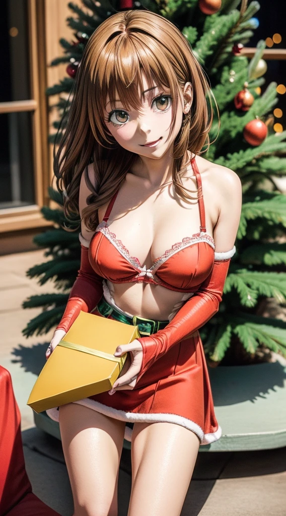 masterpiece, best quality, 1 solo girl, orange hair, orange eyes, medium hair, wavy hair, Christmas ornaments, medium breasts, mature body and face, red christmas dress, christmas, christmas light, christmas tree, red gloves, red santa skirt, holding gift, red bra, red panty, leg up, cowboy shots, sexy pose, dakimakura, detailed body, face, and eyes, sharp focus, vibrant, creative, dynamic, high definition, high resolution, 8k, (Upscale: R-ESRGAN 4x+ Anime6B), (Image enchance:4x), voluptuous body