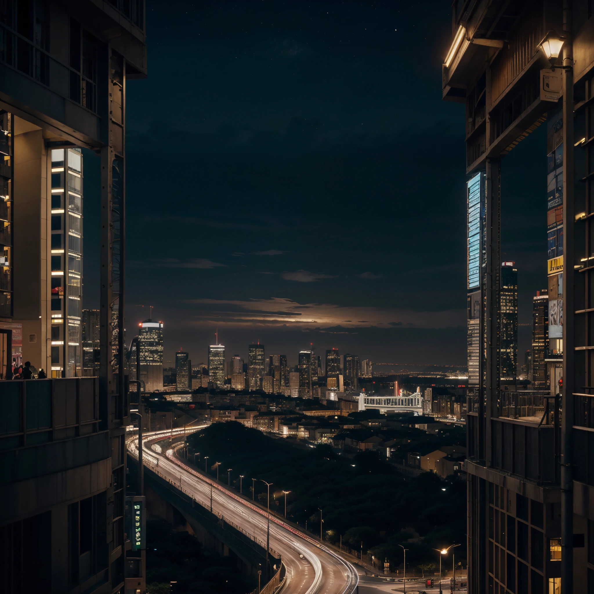 Vista Noturna da Cidade (Bustling city at night in the background) (grandes obras: 1.3), (best quality: 1.1) (Obras: 1.3) with incomparable masterpieces, surreal 8K, Perfect artwork, super detalhes, best quality, works-cousins 4K aesthetic wallpaper, Obras, Obra premiada, Arte Oficial, Cinematic lighting