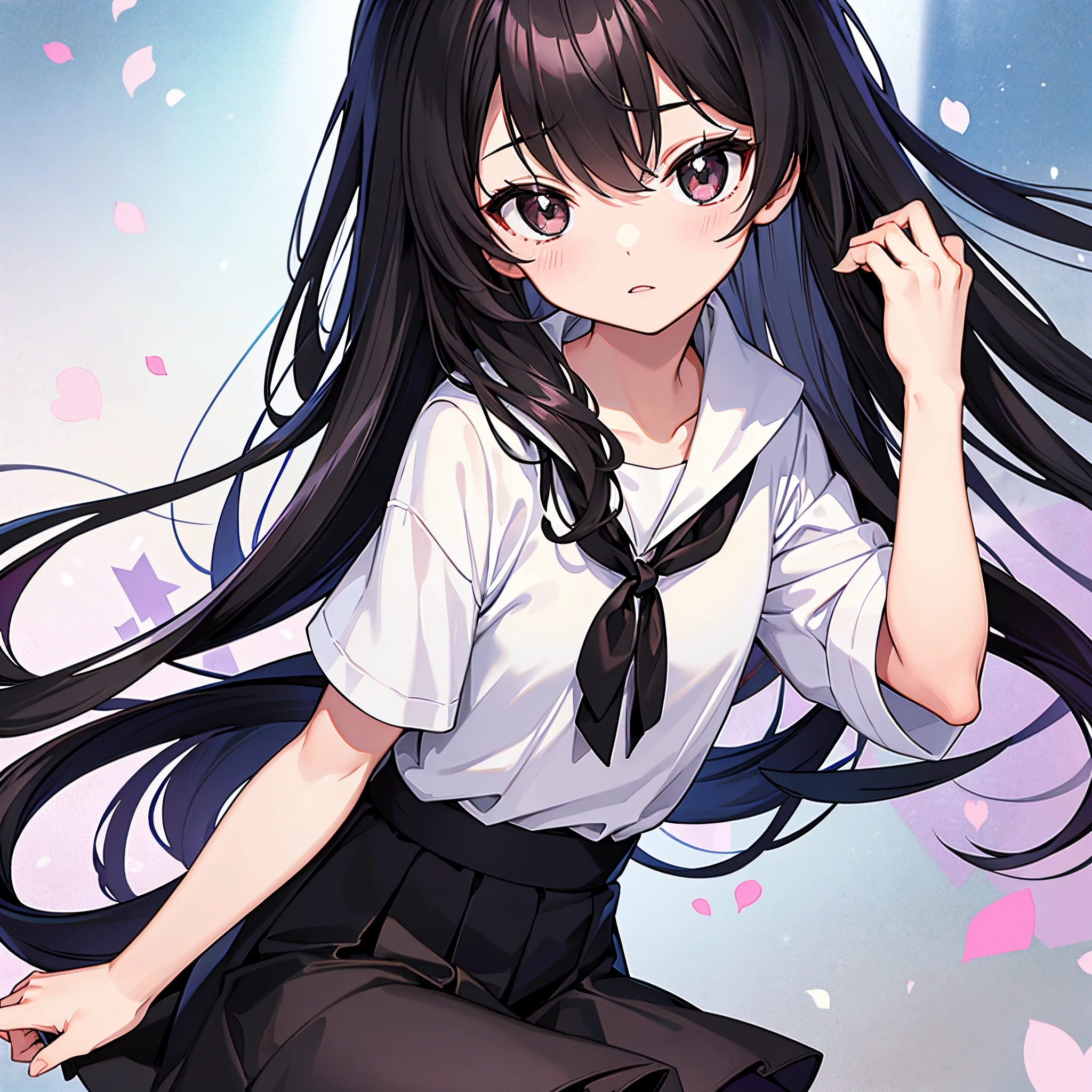Long Black Hair、Black eyes、Students of the Magic School、校服、sixteen years old、jaket、Striped ribbon on the chest、One