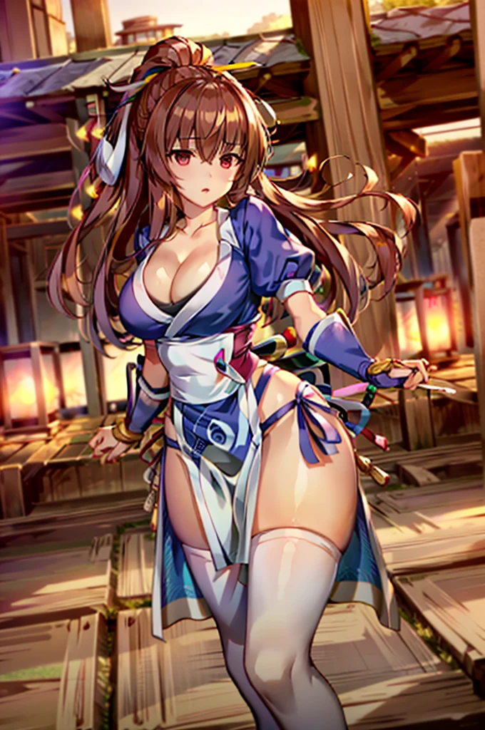 (masterpiece, best quality:1.3)
KasumiDOA, 1girl, solo, long hair, breasts, looking at viewer, bangs, large breasts, brown hair, thighhighs, dress, ribbon, cleavage, brown eyes, medium breasts, underwear, standing, panties, hair ribbon, braid, short sleeves, cowboy shot, japanese clothes, puffy sleeves, white thighhighs, puffy short sleeves, lips, sash, pelvic curtain, yellow ribbon, realistic, nose, arm guards, kote,hypnoLora,
empty eyes,Upright Pose