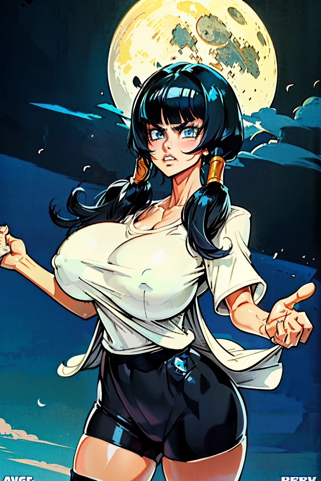 Waifu, masterpiece, curvy, breasts, moon, full moon, gloves, 1girl, clenched teeth, videl, cleavage, large breasts, teeth, ((straight black hair)), ((white short sleeve shirt:1.3)), blue eyes, rating:explicit,rule34, hardcore, tits,clenched hands, night, sky, ((side bangs:1.4)), (white skin:1.5), bare shoulders, blue hair, clenched hand, rating:questionable, ((low twintails:1.5)), ((black tight shorts)), solo, angry, lip biting(gigantic and massive tits:1.1), breasts, official illustration, illustration, detailed face, beautiful intricate eyes,1:2), titsnipples