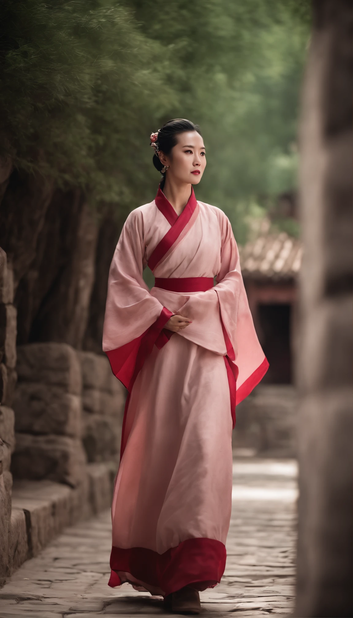 ancient wind,A woman,Lateral face,tangdao,Pink Western Han Dynasty ladies' clothing,flagstone road