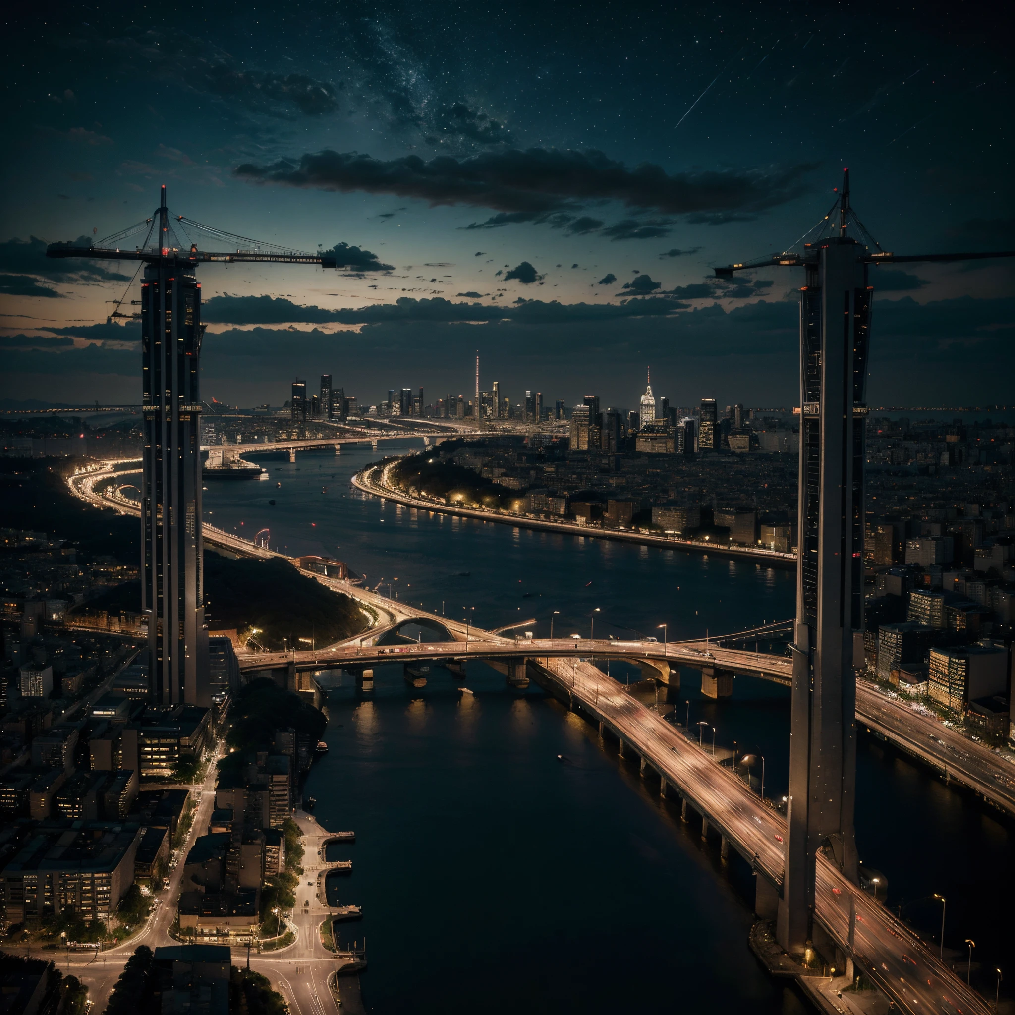 Vista Noturna da Cidade (Bustling city at night in the background) (grandes obras: 1.3), (best quality: 1.1) (Obras: 1.3) with incomparable masterpieces, surreal 8K, Perfect artwork, super detalhes, best quality, works-cousins 4K aesthetic wallpaper, Obras, Obra premiada, Arte Oficial, Cinematic lighting