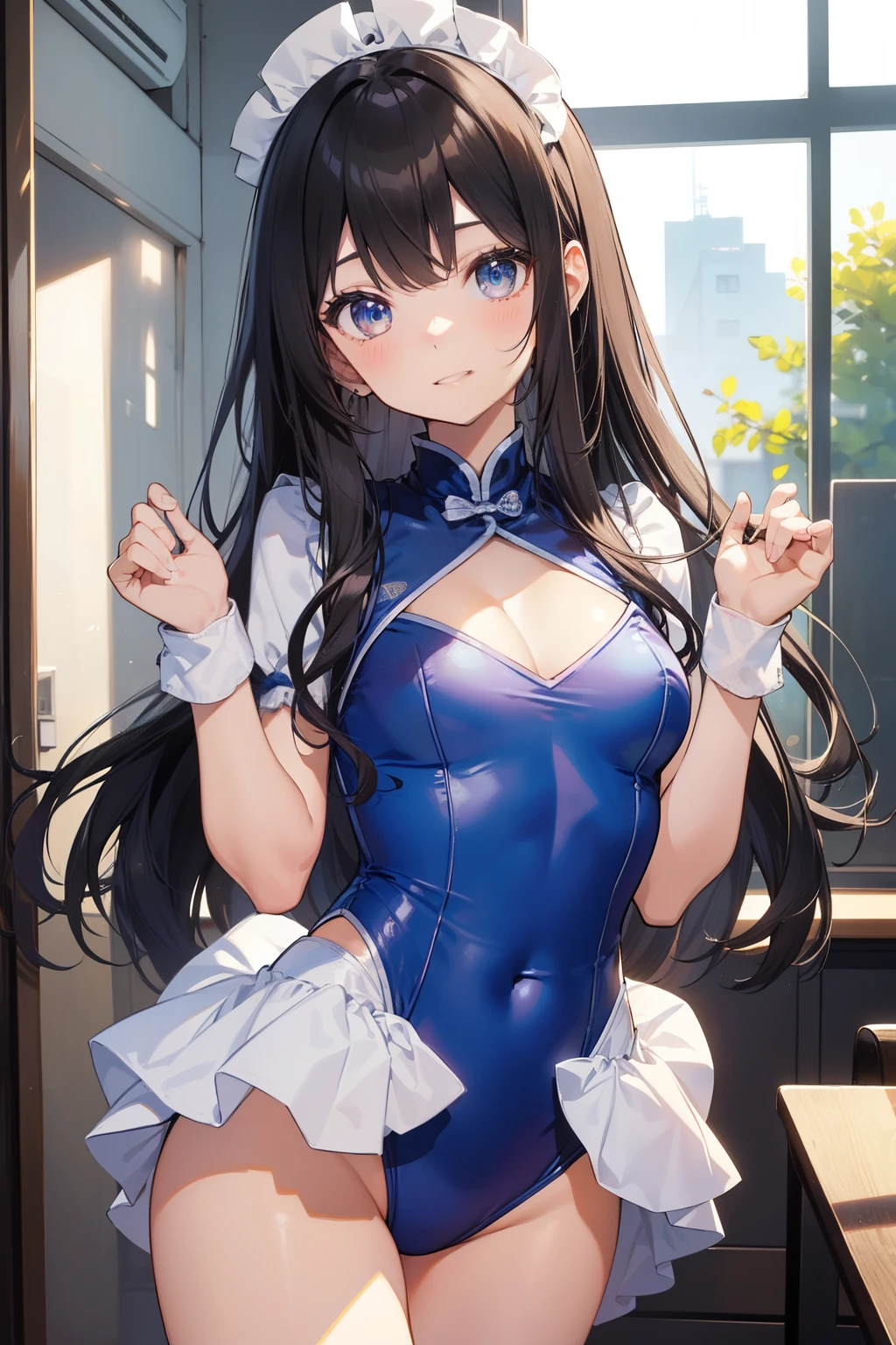 ((2D beautiful girl、top-quality、Perfect Finger 1.1、Perfect Anatomy 1.1、Dress perfectly、Beautiful illustration))、cute petit girl、(transform sequence)、((Leotard))、14years、a junior high school student、Fractal Art、baby-face、((stright long hair))、beatiful detailed eyes、The best smile showing your teeth、Full Body Display、(1人)、(chinese leotard、maid style leotard、cheerleader style leotard)、Unmanned bright classroom、The costume is brightly colored、