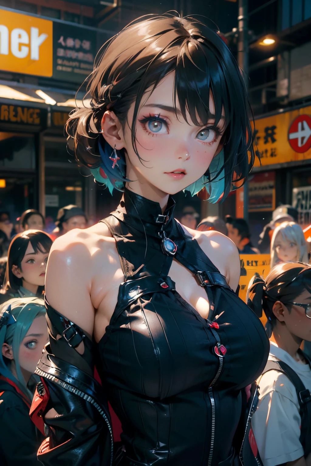 a 20 yo woman、A dark-haired、(hi-top fade:1.3)、dark themed、Muted Tones、Subdued Color、highly contrast、(natural skin textures、Hyper-Realism、Soft light、sharp)、(masutepiece:1.2, Best Quality), (real picture, Intricate details), (1lady, Solo, Upper body, Big Tits)
Clothes: Edgy, Avant-garde, experimental
appearance: Shaved head or bold hair color, Dramatic makeup, Unconventional fashion choices
behavior: defiance, non-conformist, place of provocation: urban art district, Underground Music Scene
hobby: attending punk shows, creating mixed media art, Try different subcultures
values: individuality, authenticity, Creative Expression Inspiration: Punk rock music, Counterculture icons, Characters of the avant-garde movement: Bold, boldness, Unconventional.,Film photography, 1girll , (((Whole body ))) , Dynamic posture
Large breasts,cleavage,The shoulder straps slip off,Off-the-shoulder attire,school uniform
character: School of Magic Prodigy
style: Dream School
Extraordinary features: Master multiple elemental magic