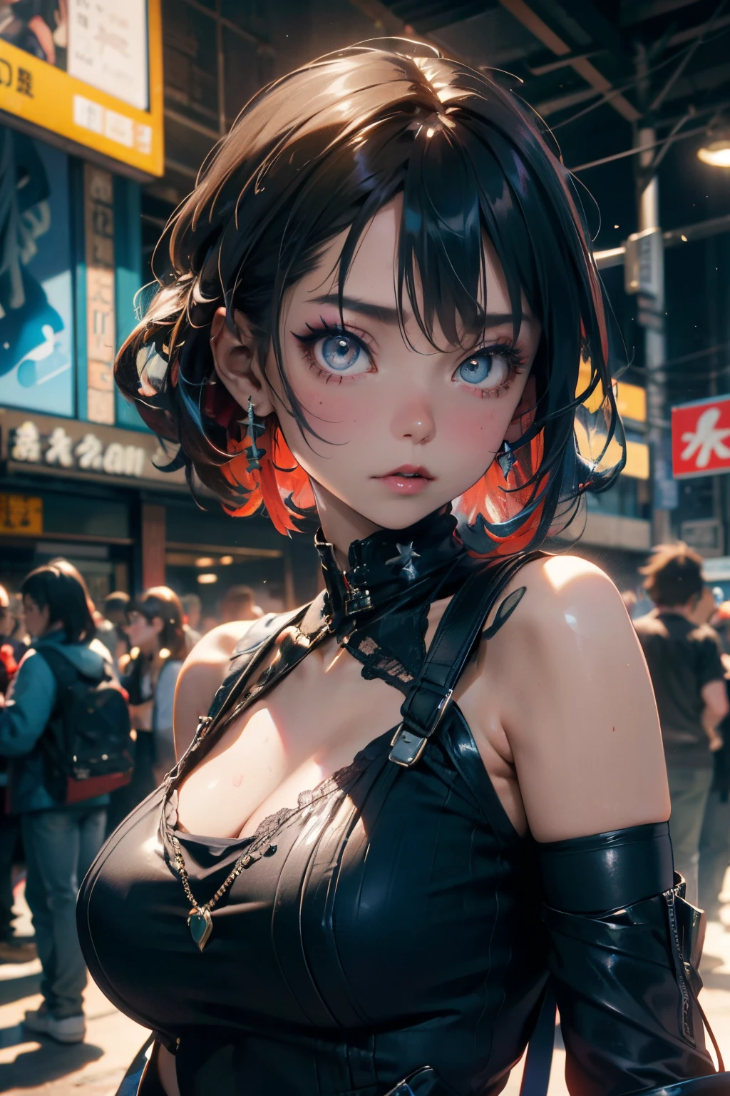a 20 yo woman、A dark-haired、(hi-top fade:1.3)、dark themed、Muted Tones、Subdued Color、highly contrast、(natural skin textures、Hyper-Realism、Soft light、sharp)、(masutepiece:1.2, Best Quality), (real picture, Intricate details), (1lady, Solo, Upper body, Big Tits)
Clothes: Edgy, Avant-garde, experimental
appearance: Shaved head or bold hair color, Dramatic makeup, Unconventional fashion choices
behavior: defiance, non-conformist, place of provocation: urban art district, Underground Music Scene
hobby: attending punk shows, creating mixed media art, Try different subcultures
values: individuality, authenticity, Creative Expression Inspiration: Punk rock music, Counterculture icons, Characters of the avant-garde movement: Bold, boldness, Unconventional.,Beautiful, Perfect eyes, Perfect face, Perfect Lighting, 1girl in, black twin-tails, split-colored hair, Pink and black hair, Two-piece bikini, Large breasts, wide hips, Cyberpunk background (masutepiece:1.3) hyper detailed illustration, (masutepiece:1.2), (Best Quality:1.2), nffsw, nffsw, nffsw, nffsw, nffsw, ccurate, Textured skin, high details, awardwinning, hight resolution, Anatomically correct