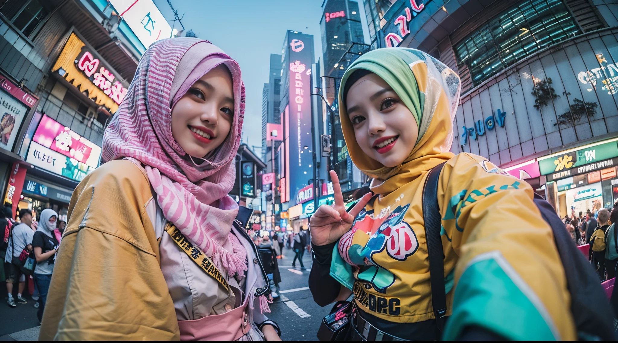 ((2 cyberpunk malay girls in hijab wearing colorful Harajuku style pop outfit)), ((fisheye lens)), cowboy shot, wind, cyberpunk cityscape, (aesthetics and atmosphere:1.2), smiling, ((cinematic lighting))