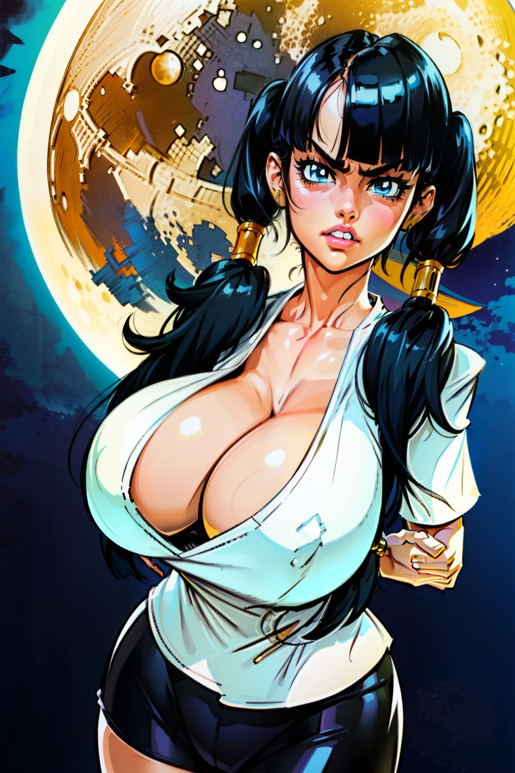 Waifu, masterpiece, curvy, breasts, moon, full moon, gloves, 1girl, clenched teeth, videl, cleavage, large breasts, teeth, ((straight black hair)), ((white short sleeve shirt:1.3)), blue eyes, rating:explicit,rule34, hardcore, tits,clenched hands, night, sky, ((side bangs:1.4)), (white skin:1.5), bare shoulders, blue hair, clenched hand, rating:questionable, ((low twintails:1.5)), ((black tight shorts)), solo, angry, lip biting(gigantic and massive tits:1.1), breasts, official illustration, illustration, detailed face, beautiful intricate eyes,1:2), titsnipples