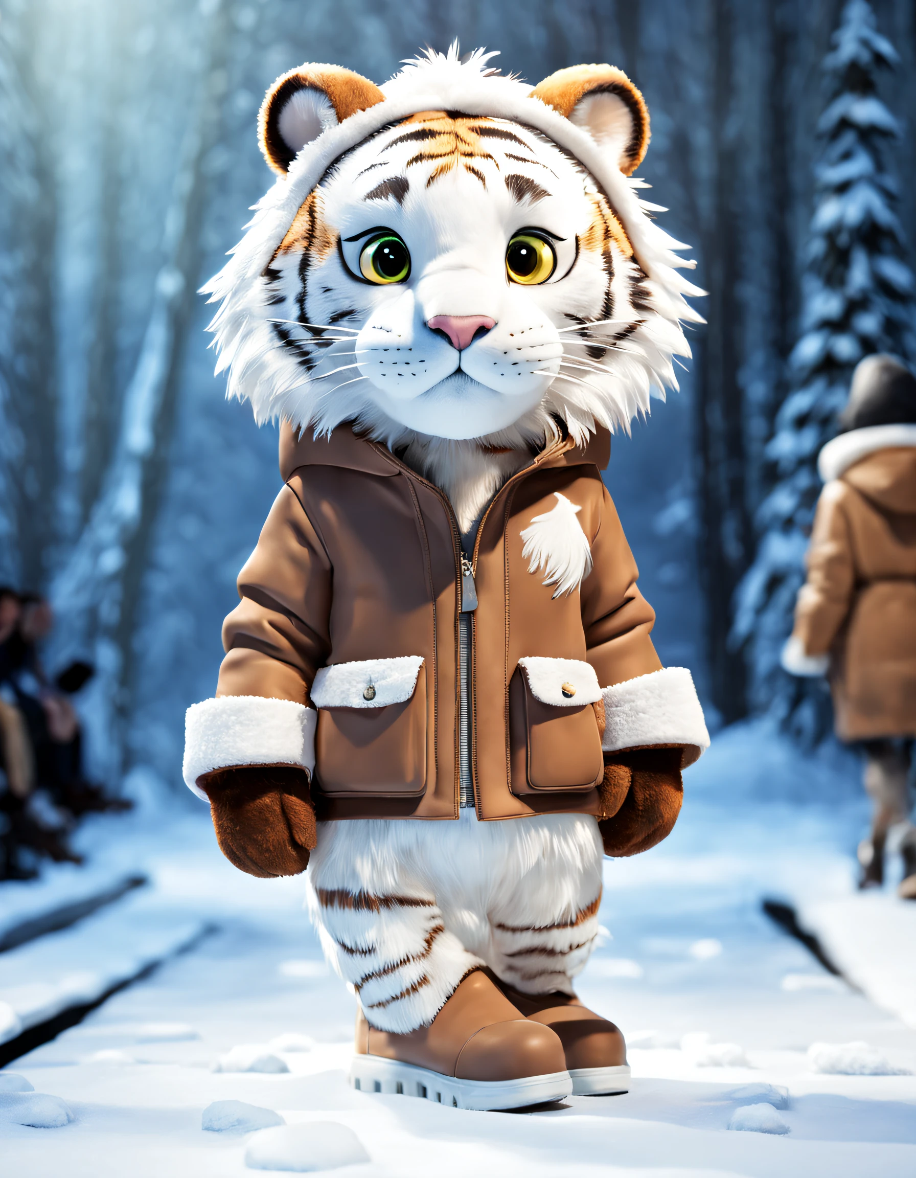 character  design，（A little white tiger walks the catwalk at fashion week）, Wearing a brown hooded hiking jacket，The expression is grim， Background with: indoor，The performance venue was covered with thick snow， snowflower，
{{tmasterpiece}}, {{{Best quality at best}}}, {{ultra - detailed}}, photography,pixar-style,cartoonish style,comic strip,tmasterpiece,lamplight,illusory engine,Rendered by Octane,Corona introduction,V-rays,tiltshift,,shot from far away,a 3D render,