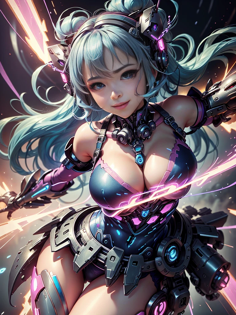 A girl wearing a pink mecha、a smile、Breasts with cleavage、intricate designs、hight resolution、loose blue hair,CG quality,masuter piece,sparkle in the background,dynamic movements,