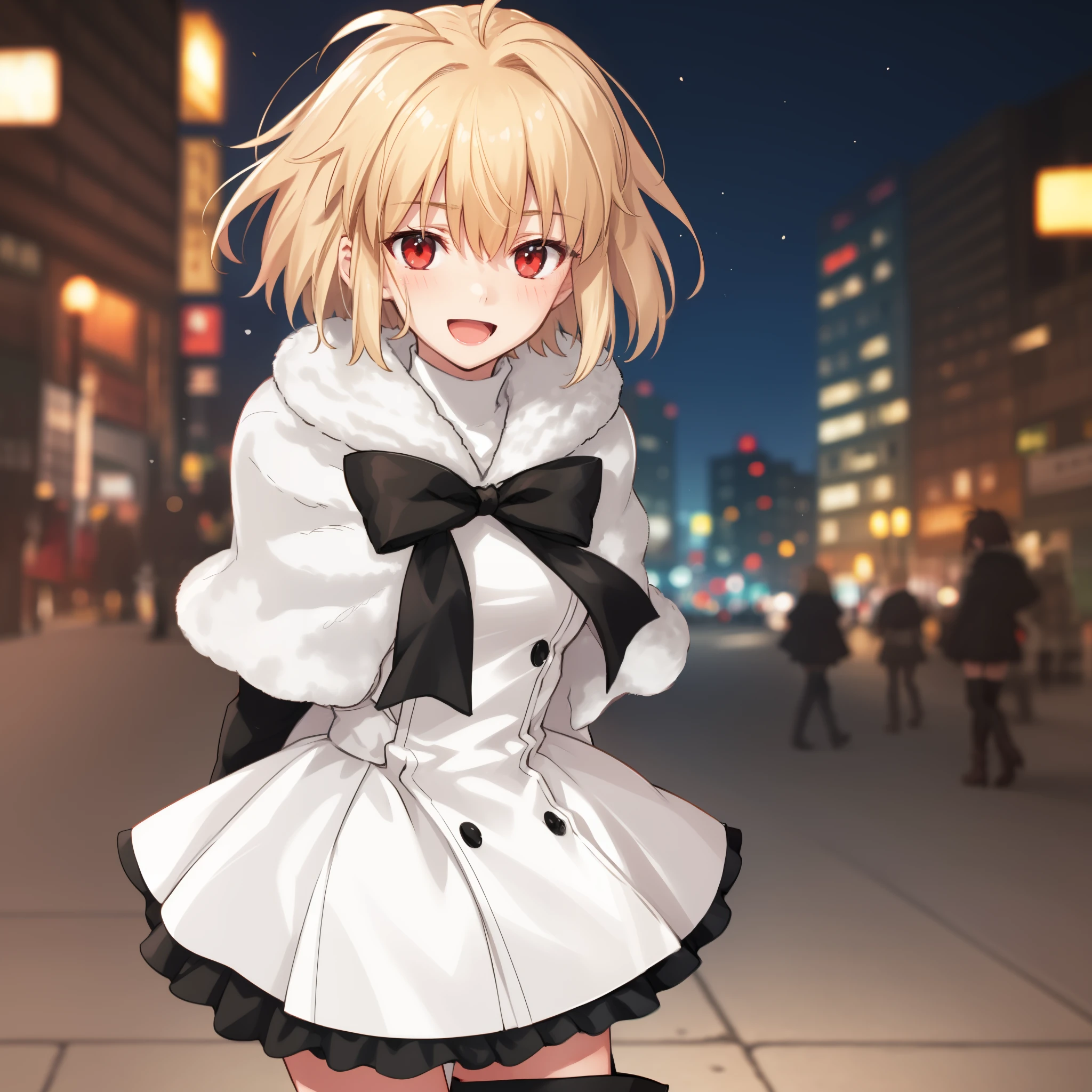 arcueid \(tsukihime\), 1girl, arms behind back, black bowtie, blush, buttons, white fur capelet, dress, fur trim, looking at viewer, open mouth, smile, solo, vampire, white dress, bokeh, long sleeves, :d, blurry, blurry background, boots, thigh boots, arcueid \(coat\),