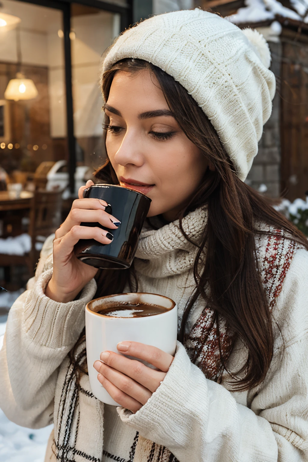 woman in winter drinking hot coffee