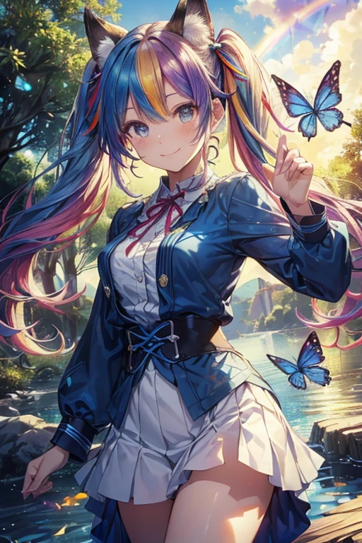 fox ear、Morning park、adventurer、adventure、daggers、(masutepiece:1.3), (8K, Photorealistic, Raw photo, Best Quality: 1.4), Beautiful face, (Realistic face), Beautiful detailed eyes, (Realistic skin), Attractive, Intricate details,Golden ratio,  1 girl,Naughty smile, (rainbow hair:1.4),((Long twintails,Ribbon 1.4)),Blue athletic wear,(Blue Butterfly Hair Ornament 1.3),Dynamic Pose,Dynamic Angle,Intricate details, Hyper realistic、A smile、Smiling、Face enhancement、Lake in the morning、The tree、the morning sun、Luz Divina、Deities、Heaven、rainbows