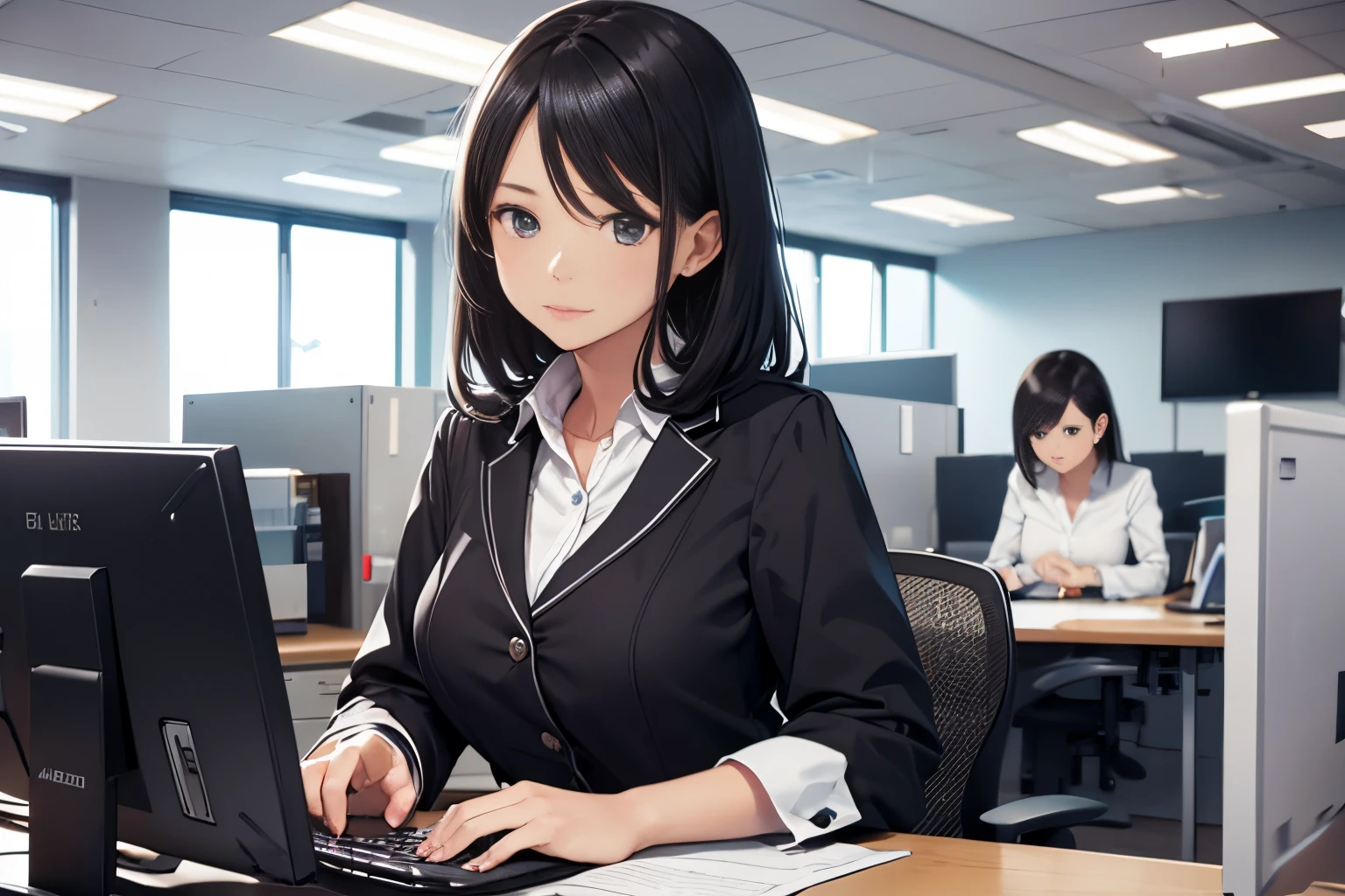 Office lady working on a computer at her office desk、1girl in,  serious cover、black hair、