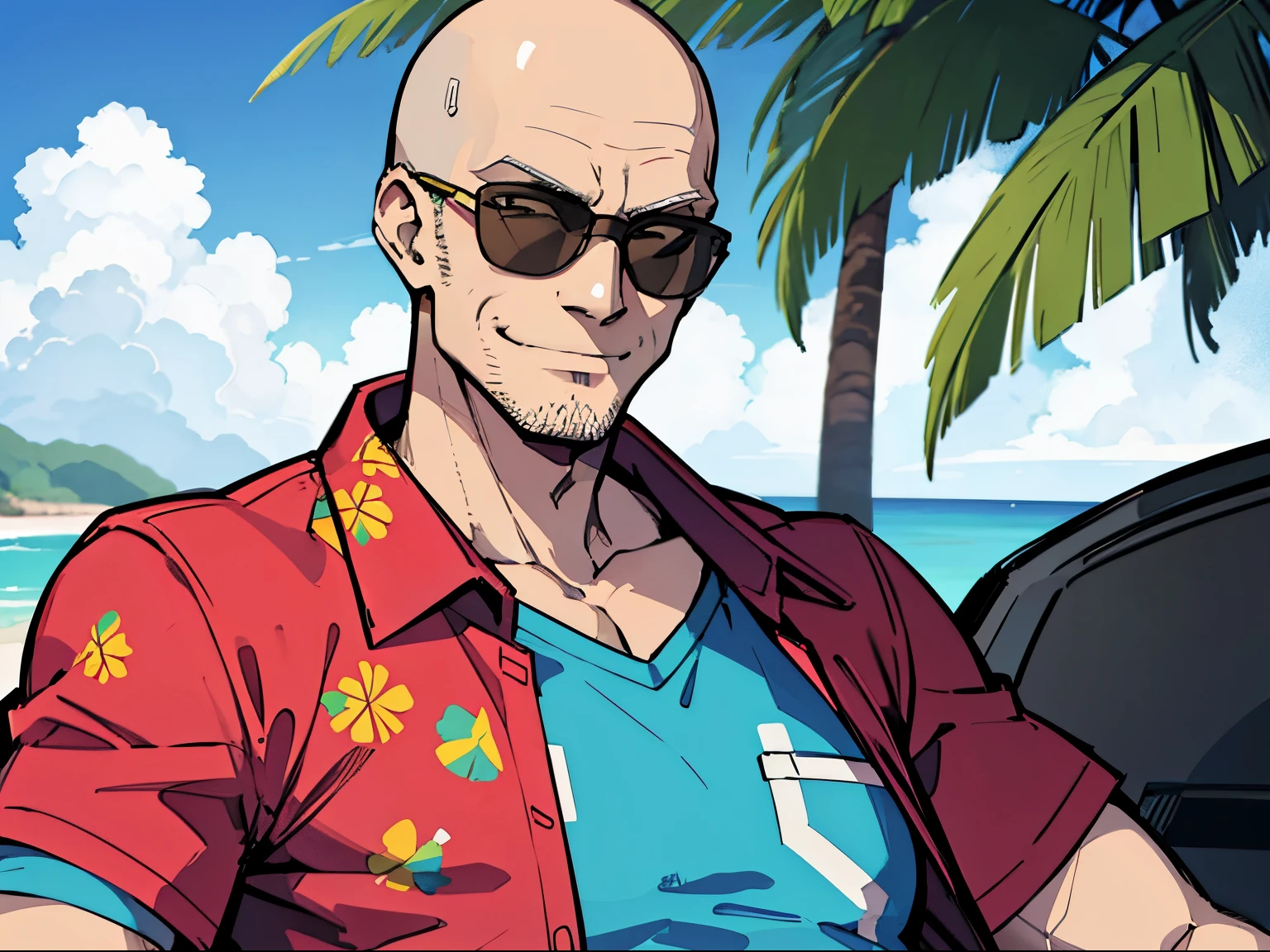 A Bald Man wearing a Colorful Hawaii Shirt, wearing sunglasses, Smirking