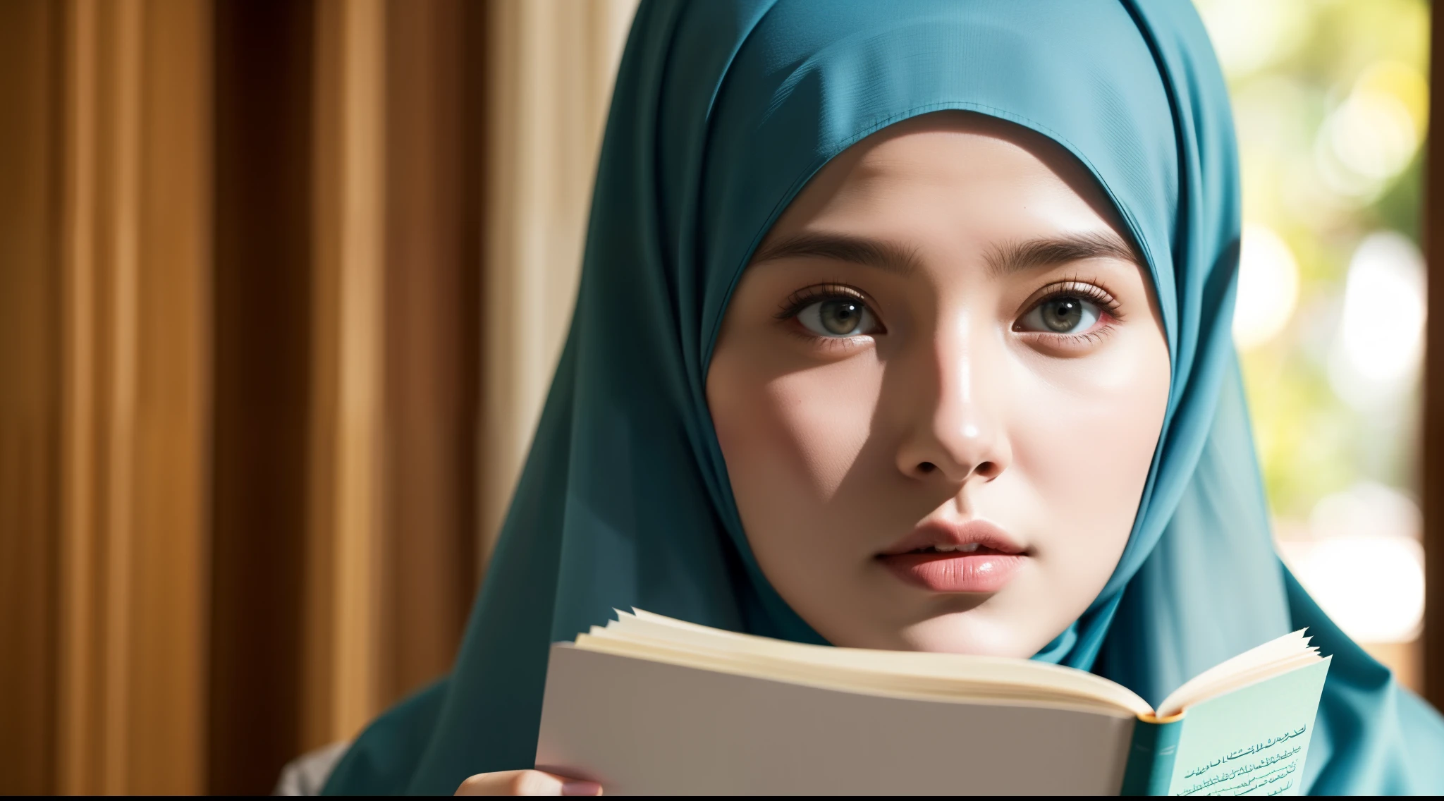 best quality, masterpiece, highres, (moslem female dress:1.4), necklace, Beautiful face, (upon body:1.37), tyndall effect, photorealistic, dark studio, rim lighting, two tone lighting, 8k uhd, dslr, soft lighting, high quality, volumetric lighting, candid, Photograph, high resolution, 4k, 8k, Bokeh, (hyperrealistic girl), (illustration), (high resolution), (extremely detailed), (best illustration), (beautiful detailed eyes), (best quality), (ultra-detailed), (masterpiece), (wallpaper), (photorealistic), (natural light), (rim lighting), (detailed face), (high detailed realistic skin texture), (anatomically correct), (solo), (1 girl), (heterochromic eyes), (detailed eyes), (sparkling eyes), (long legs), (dynamic pose), (concentrated expression), (wearing hijab:1.4), (moslem headscarf:1.37), reading glasses.
