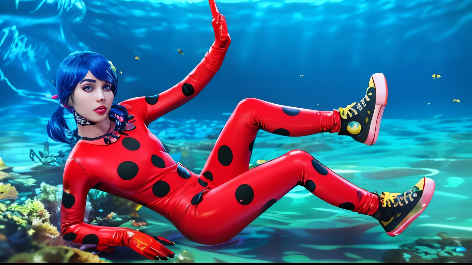 photorealistic lady bug glossy latex costume with polka dots on the body and legs, miraculous ladybug, miraculous, ladybug, skintight glossy latex suits, lady bug costumed woman in red and black polka dot bodysuit, miraculous ladybug, miraculous, ladybug, glossy costume, realistic, underwater, rim light, photoshot, red body suit, full body, 3d 3 d render