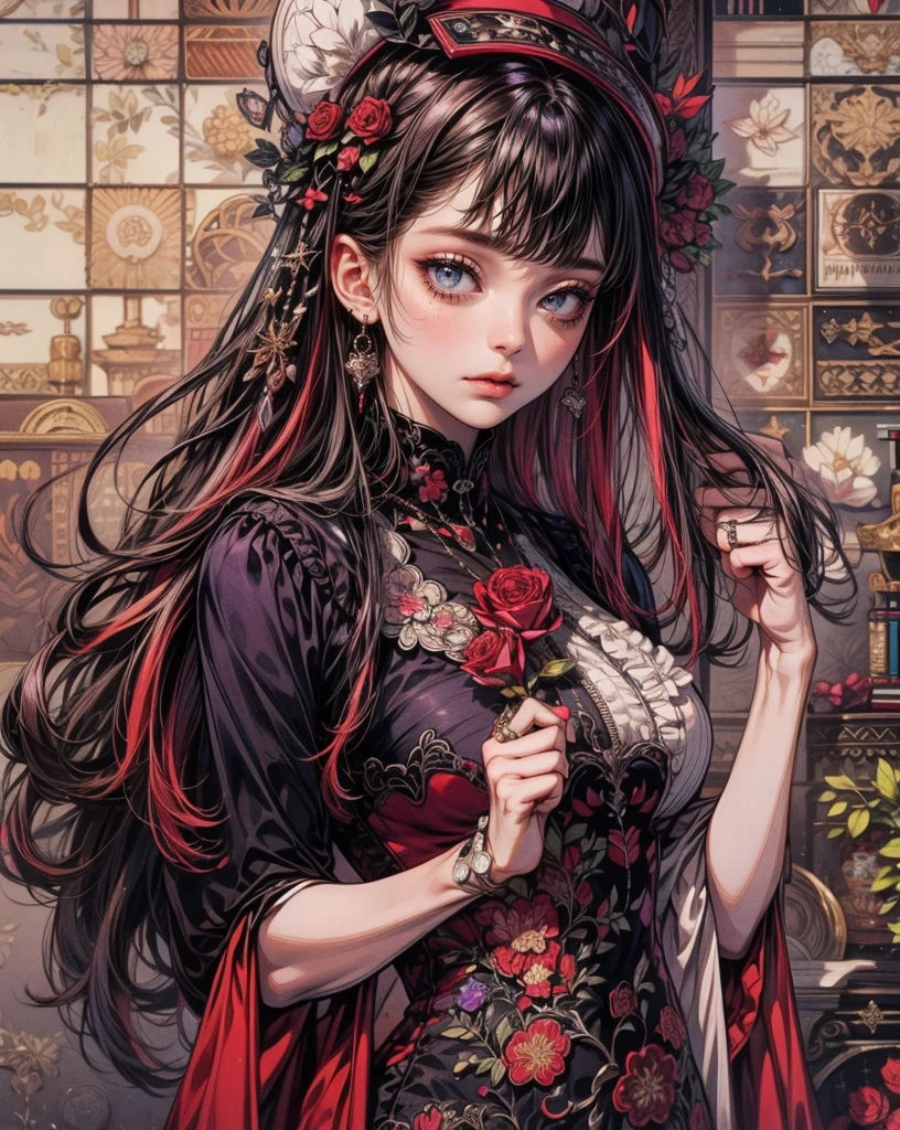 Fine illustration, ultra detailed, highres, from front, , elegant woman, elegant pose, purple-red_dress, bodysuit, levender,purple_glistening long hair, beautiful woman, scenary world, levender flowers,detailed bodysuit with glittery decoration of dress, detailed embroidery, extremely layered frills, detailed texture, detailed pattern, room background,