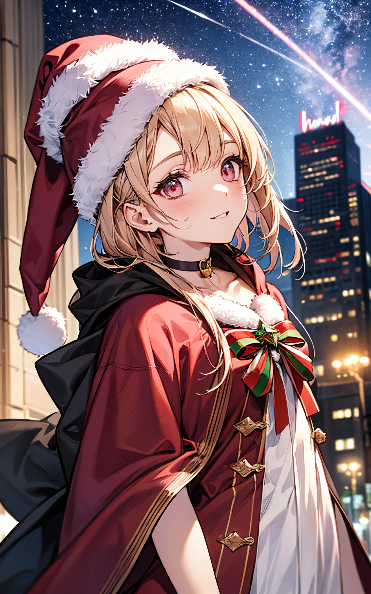 ((Composition looking up from below))、Santa flies back into the night sky、A lot of light falls on the city、Top image quality、Top resolution、​masterpiece、(((One lady)))、(((8 head body)))、 ((Modern city))、((Christmas downtown))、nigh sky、jpn、 A slight smil、Beautie、 (((pink santa costume)))、(((hair adornments)))、((christmas hat))、a choker、Christmas cloak、Hair Arrangement、 Refers to 5、