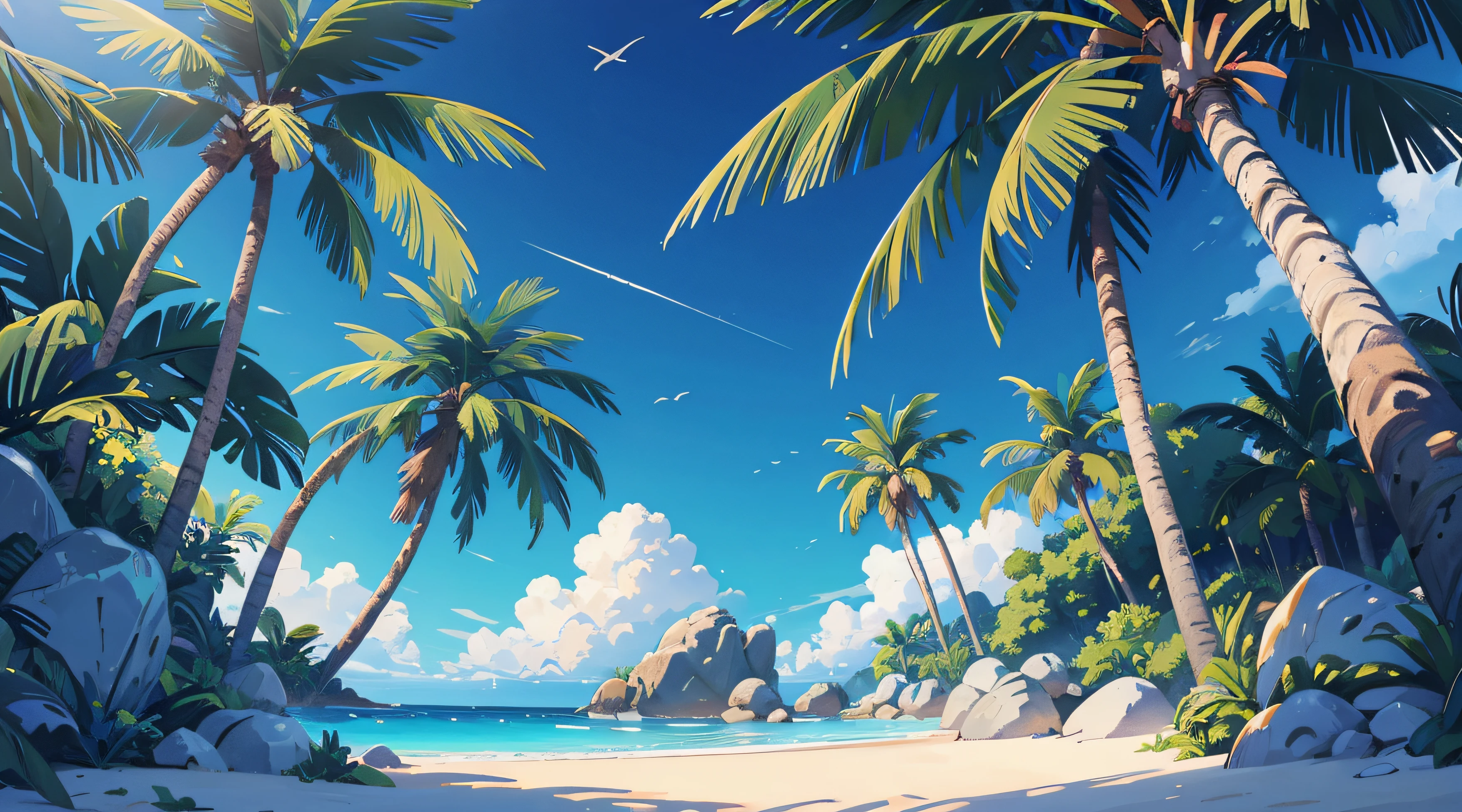 (illustrations : 1.0), Epic composition, photorealistic lighting, HD detail, ​masterpiece, Best quality at best, (Highly detailed CG integrated 8k wallpaper) , blue-sky, Blue Ocean, sand, In a shady palm tree forest, round and large rock