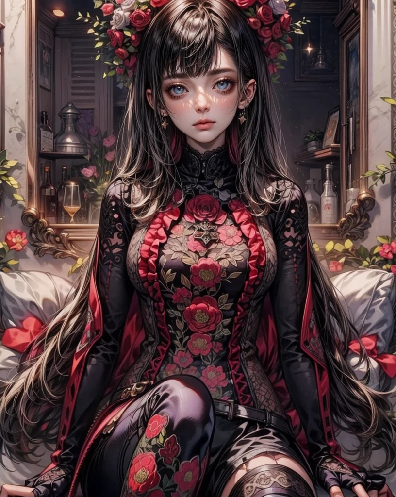 Fine illustration, ultra detailed, highres, from front, , elegant woman, elegant pose, purple-red_dress, bodysuit, levender,purple_glistening long hair, beautiful woman, scenary world, levender flowers,detailed bodysuit with glittery decoration of dress, detailed embroidery, extremely layered frills, detailed texture, detailed pattern, room background,