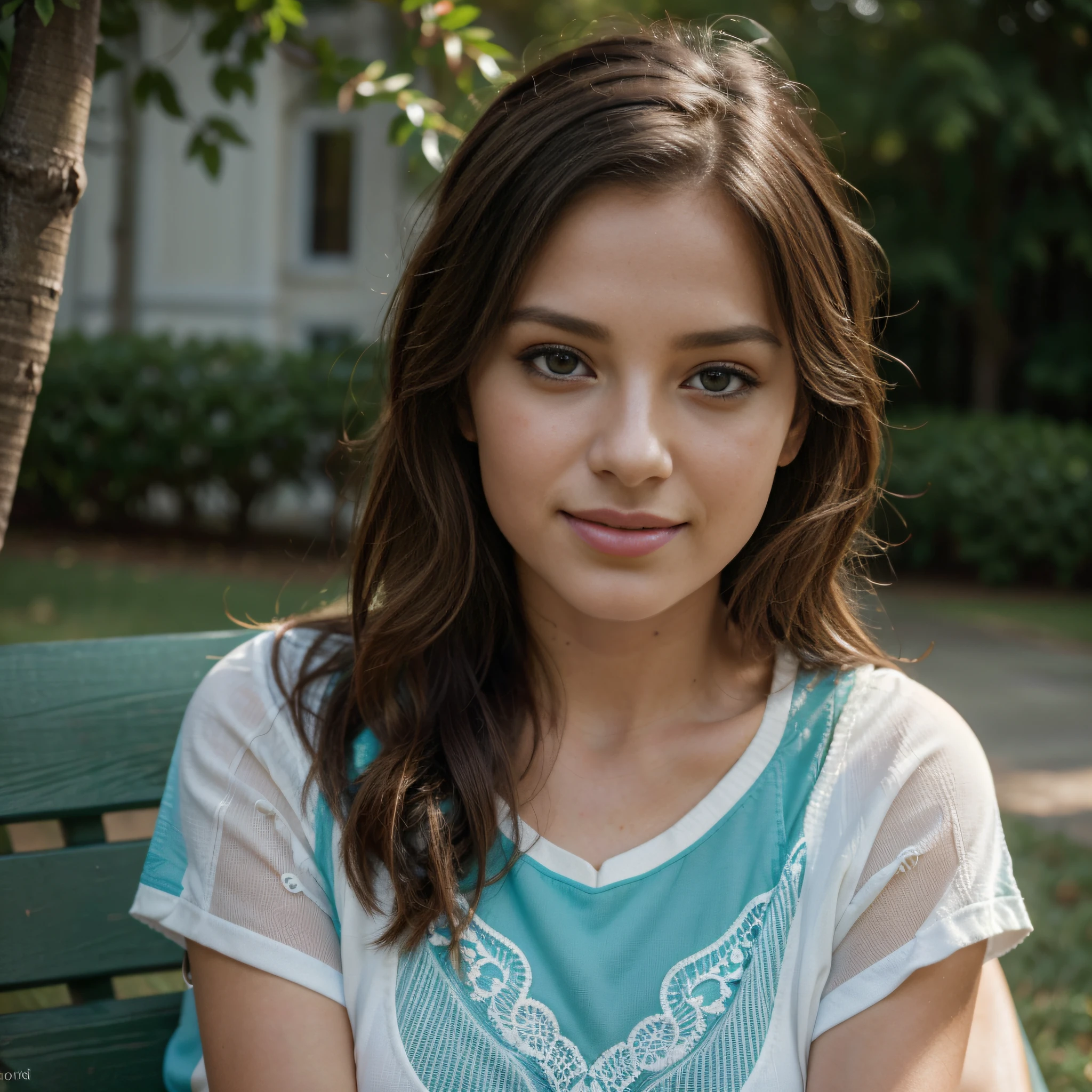 (best quality,4k,8k,highres,masterpiece:1.2),ultra-detailed,(realistic,photorealistic,photo-realistic:1.37),a lady sitting on a bench with an argentina jersey,beautiful detailed eyes,beautiful detailed lips,extremely detailed eyes and face, long eyelashes,lovely smile,wavy dark hair,relaxed sitting posture,green park background,soft natural lighting,portrait,Argentine flag pattern on the jersey,vivid colors,bokeh