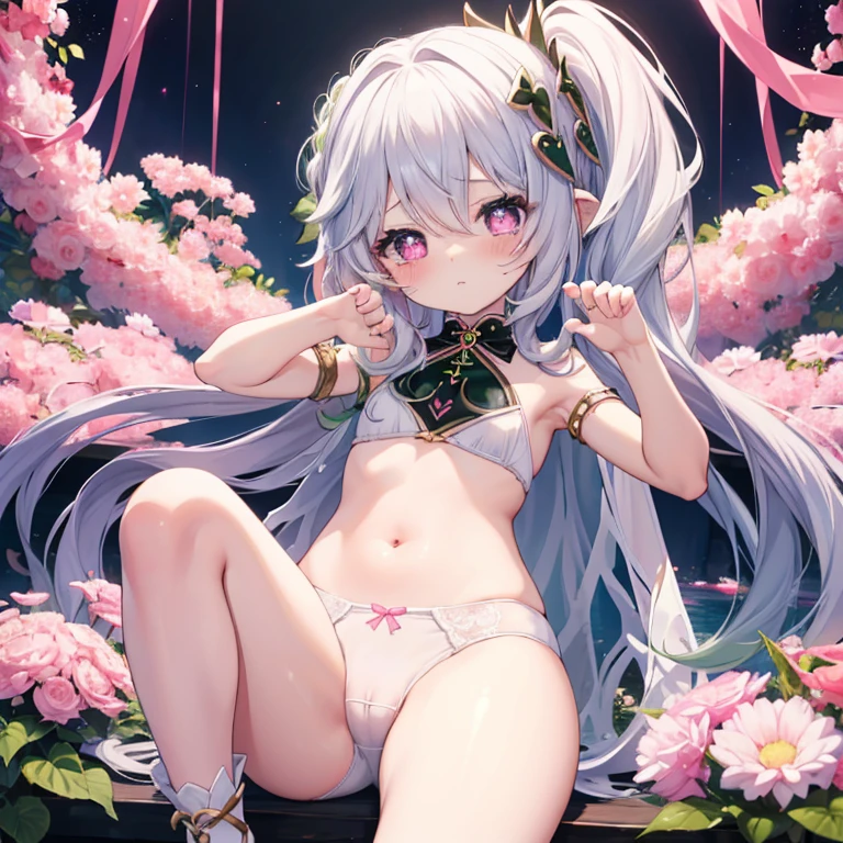 Best Quality, (cute petit girl:1.3), flat chest,Beautiful pink eyes、Lori、(Cuteness beyond limits),(bend knee),lovely thighs,is crying、(White underwear:1.3)、Hentai Pose、Erotic Poses、Underwear、Erotic underwear